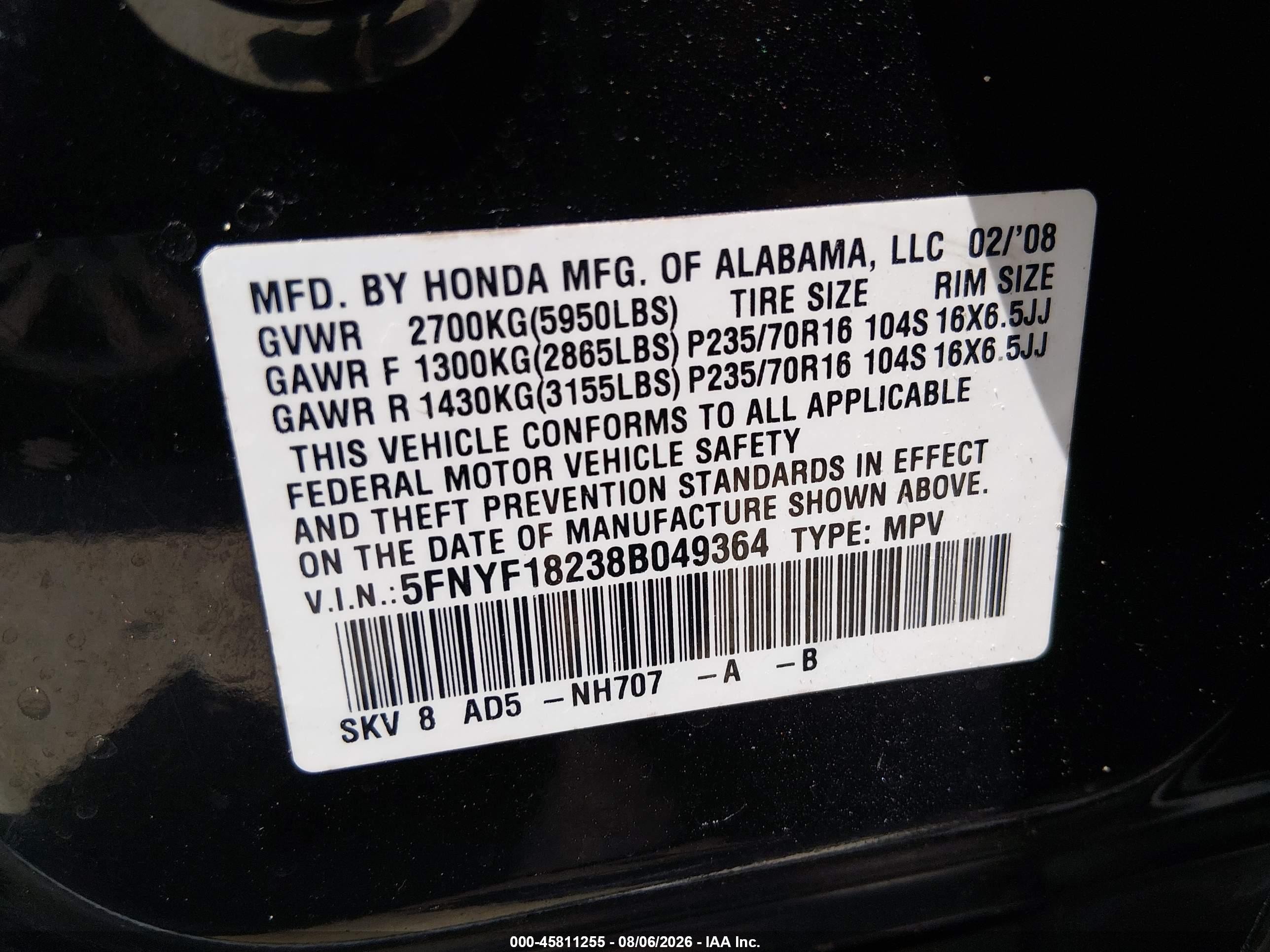 2008 Honda Pilot Vp Black vin: 5FNYF18238B049364