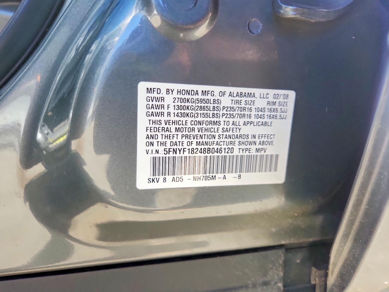 2008 Honda Pilot Vp Gray vin: 5FNYF18248B046120