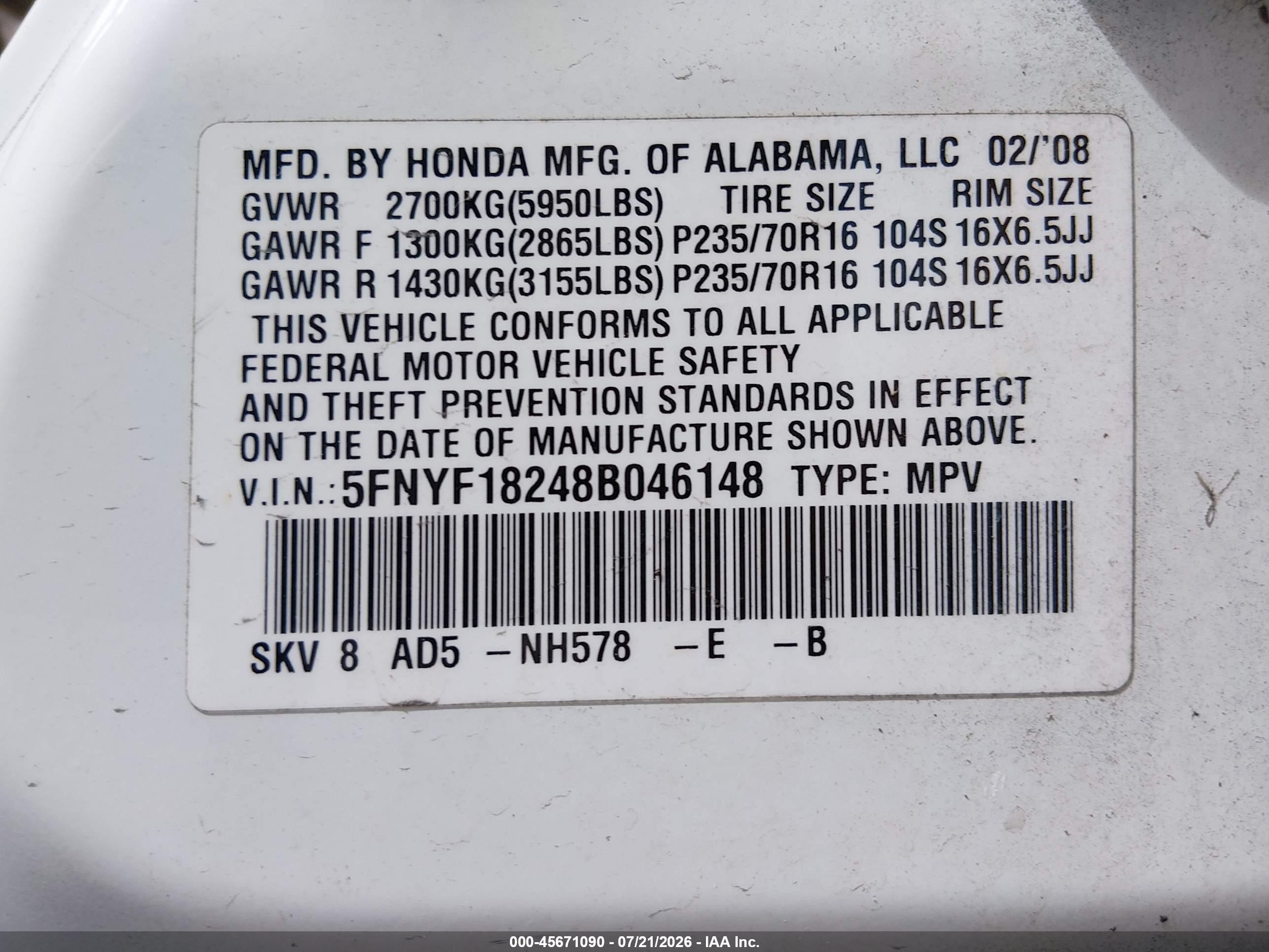 2008 Honda Pilot Vp White vin: 5FNYF18248B046148