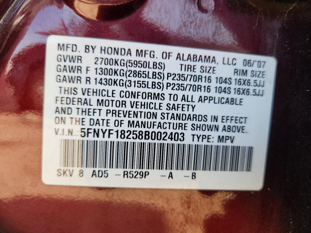 2008 Honda Pilot Vp Maroon vin: 5FNYF18258B002403