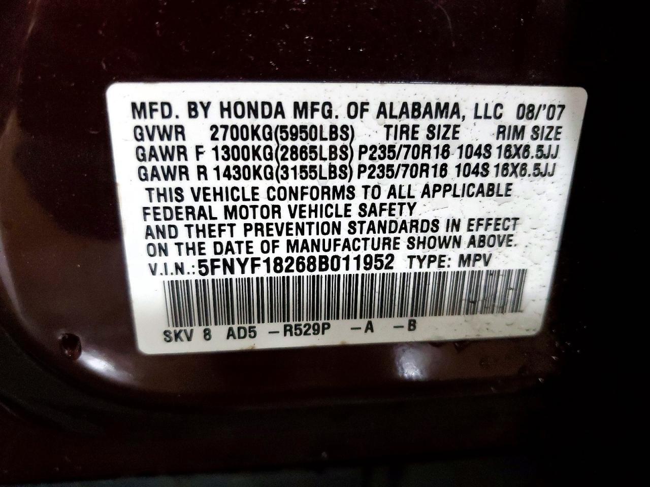 2008 Honda Pilot Vp Red vin: 5FNYF18268B011952