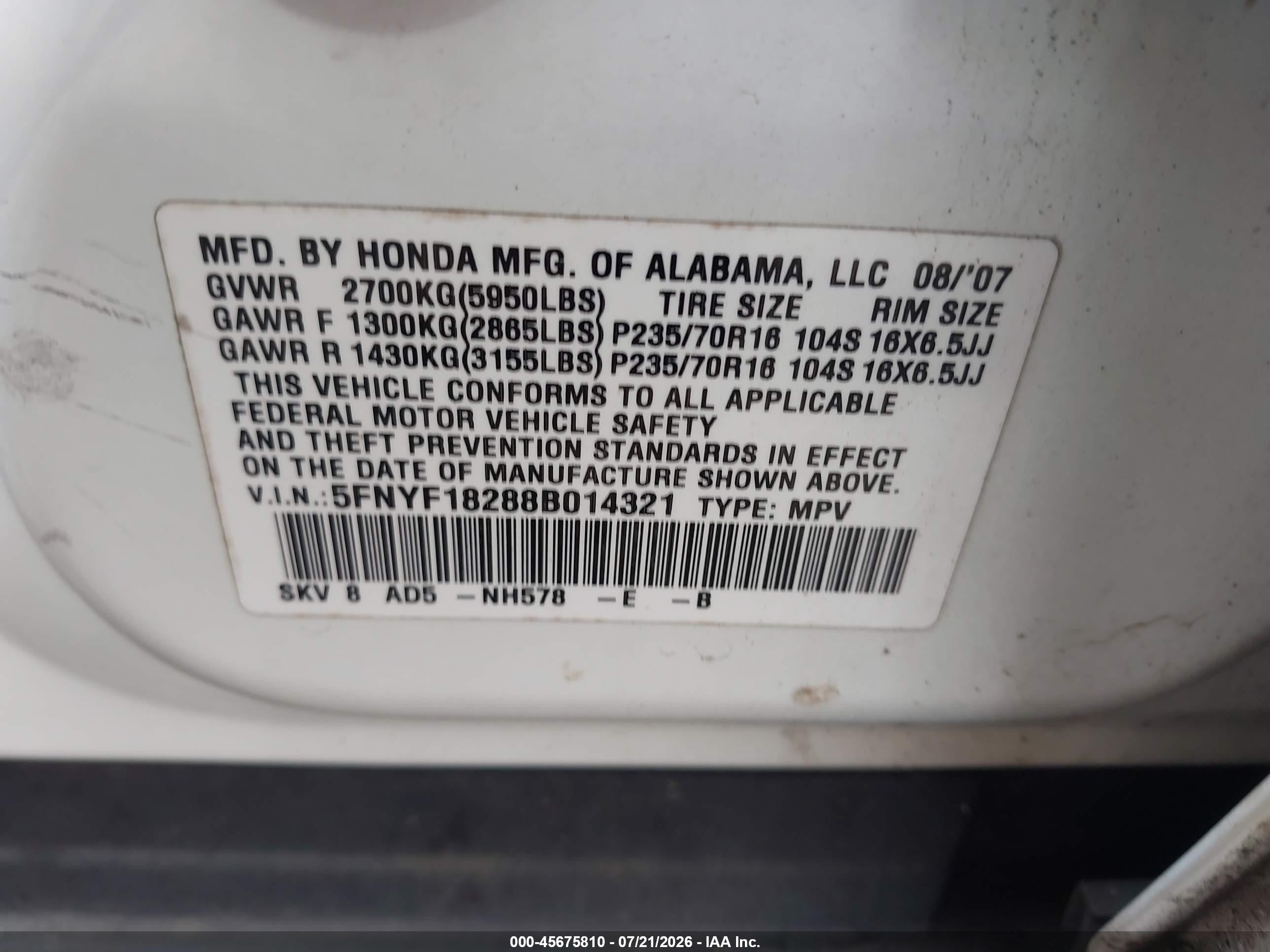 2008 Honda Pilot Vp White vin: 5FNYF18288B014321