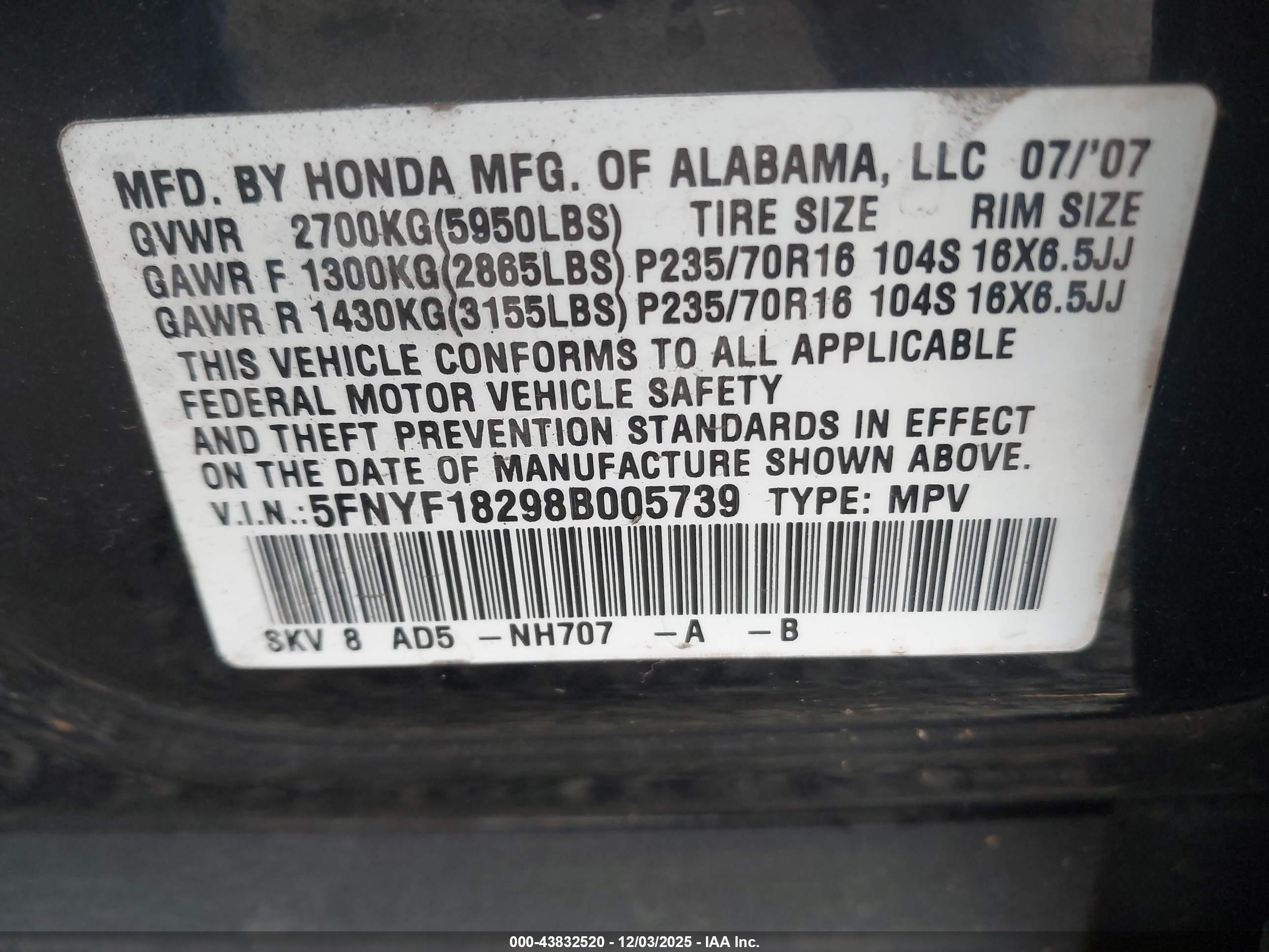 2008 Honda Pilot Vp Black vin: 5FNYF18298B005739