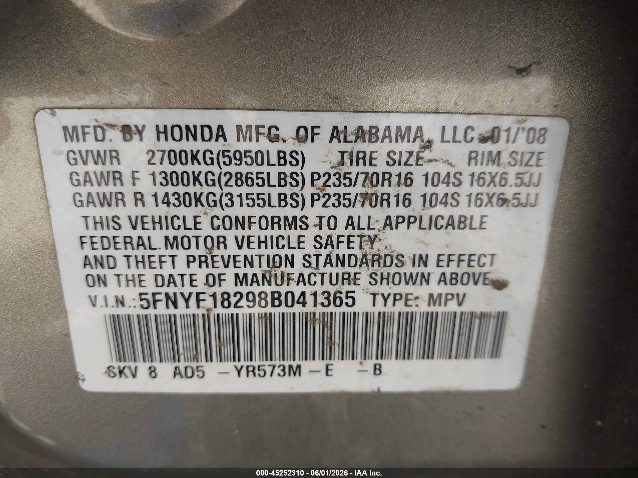 2008 Honda Pilot Vp Золотой vin: 5FNYF18298B041365