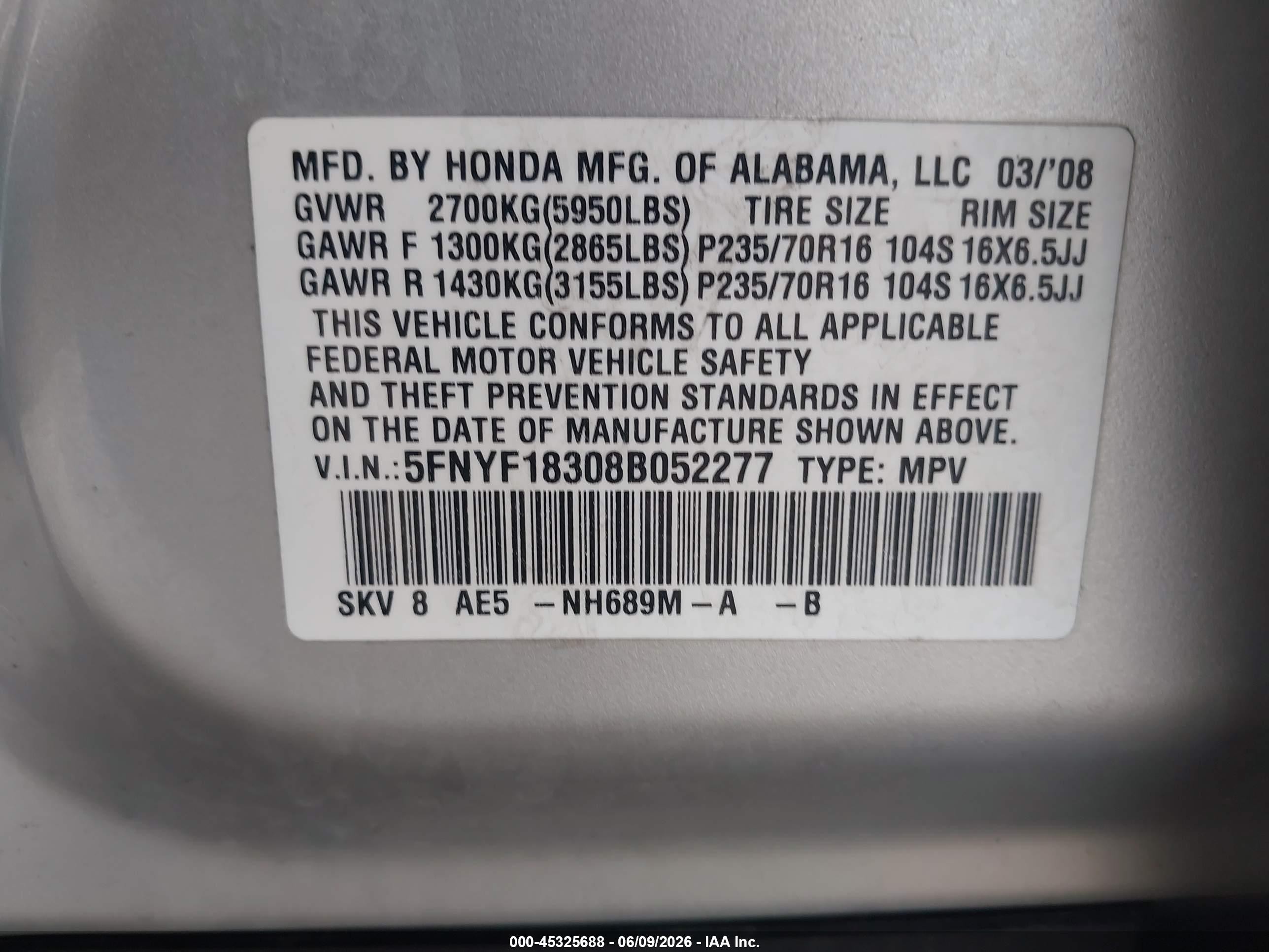2008 Honda Pilot Se Silver vin: 5FNYF18308B052277