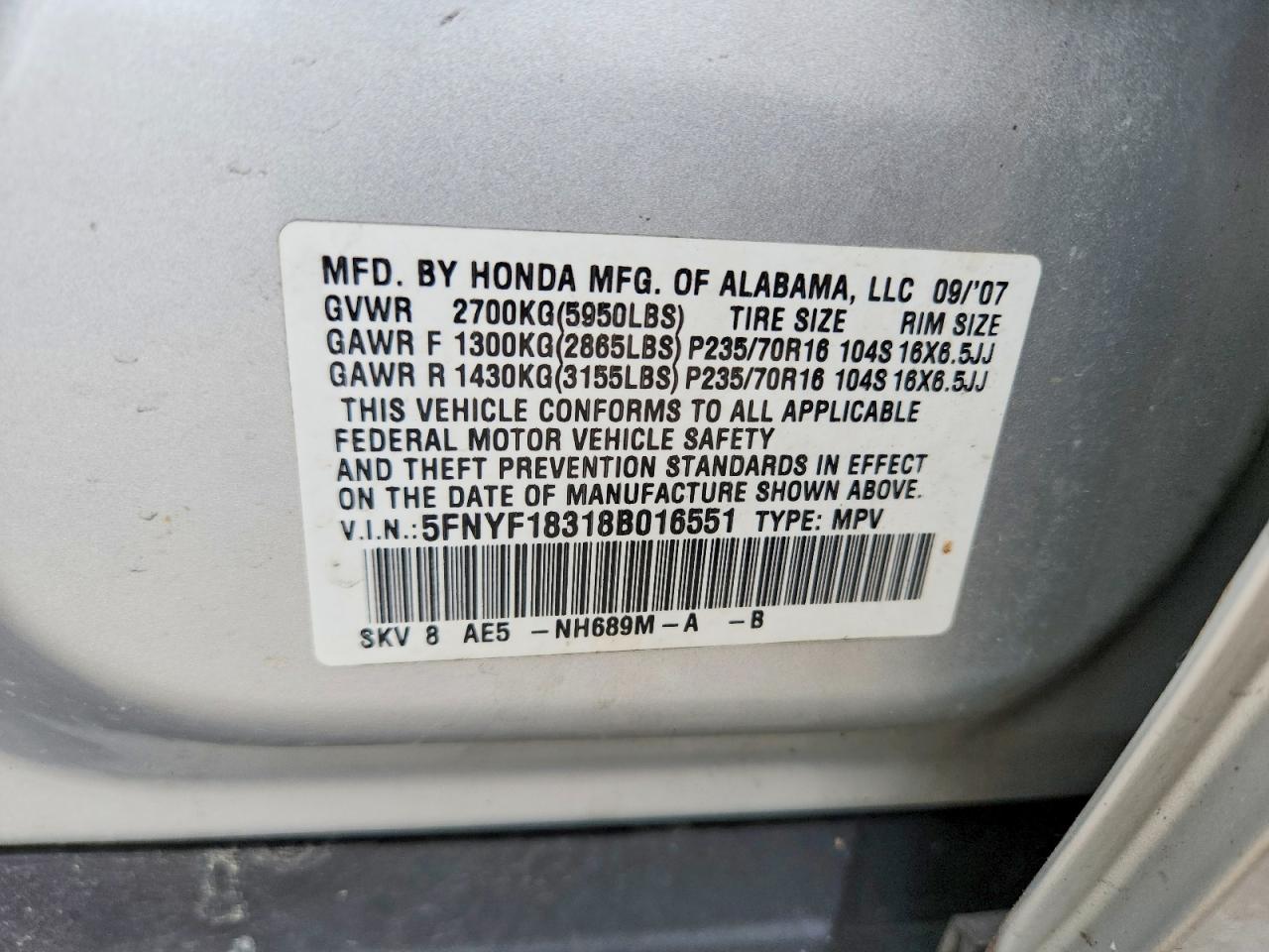 2008 Honda Pilot Se Silver vin: 5FNYF18318B016551