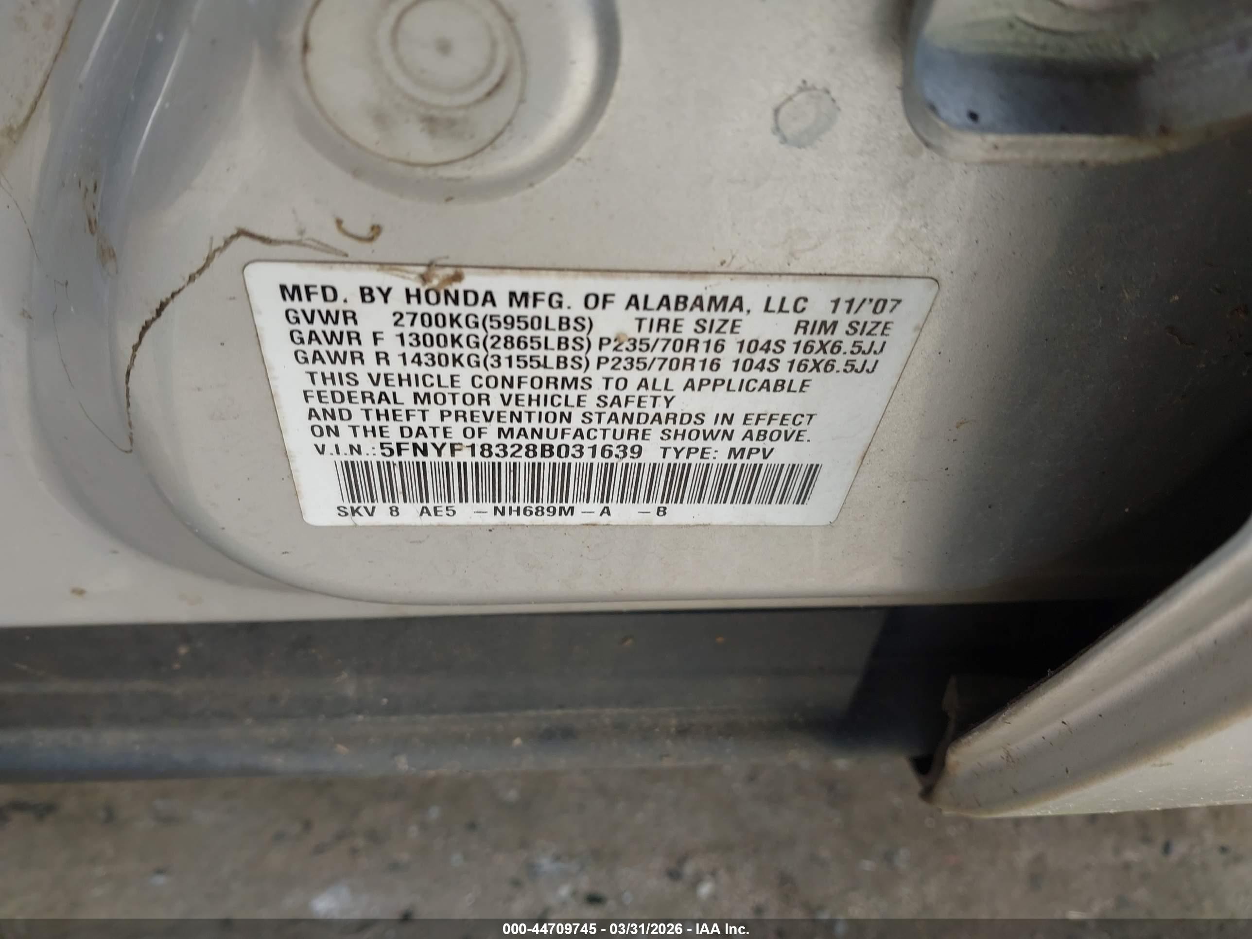 2008 Honda Pilot Se Серебряный vin: 5FNYF18328B031639