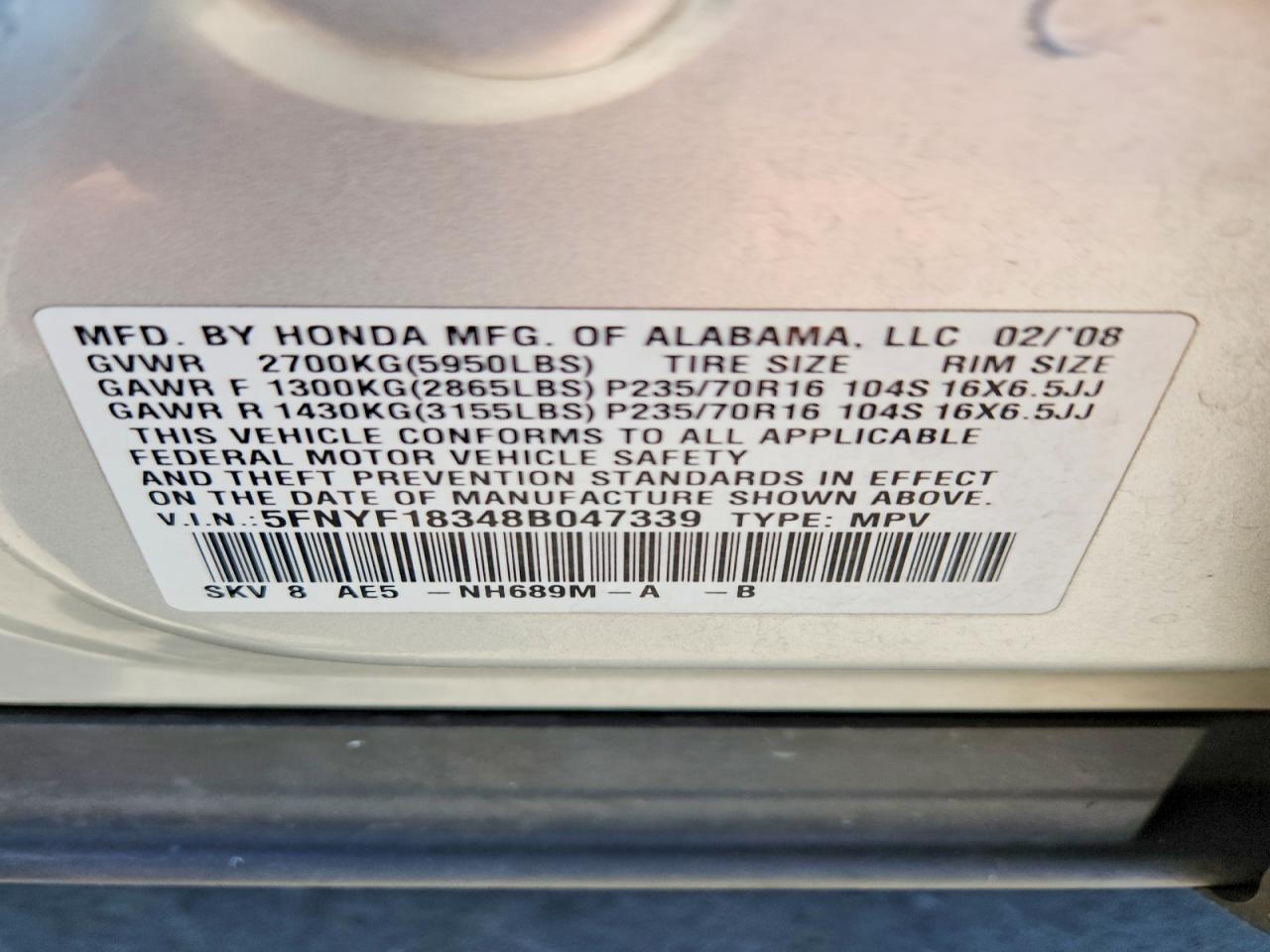 2008 Honda Pilot Se Silver vin: 5FNYF18348B047339