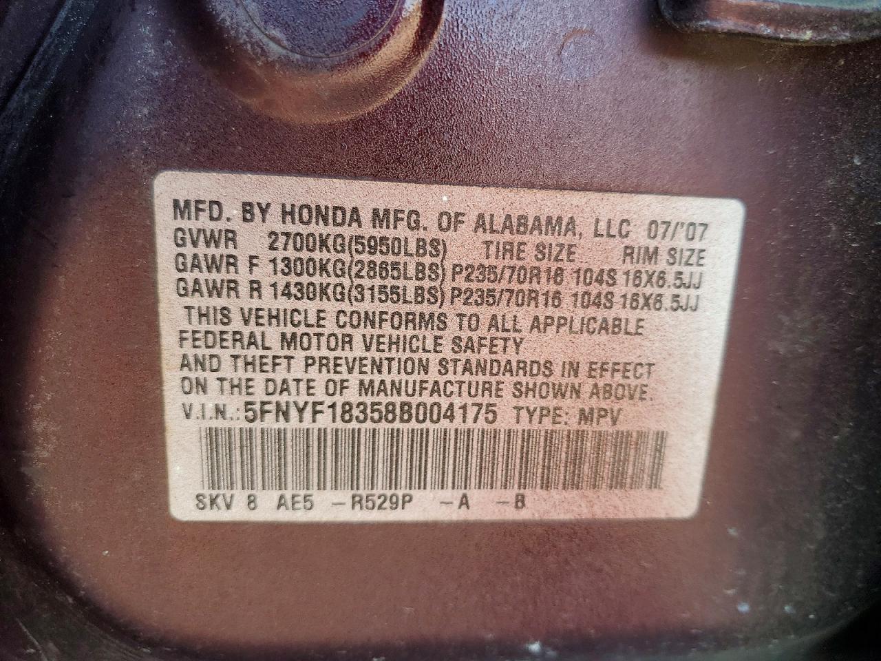 2008 Honda Pilot Se Бордовый vin: 5FNYF18358B004175