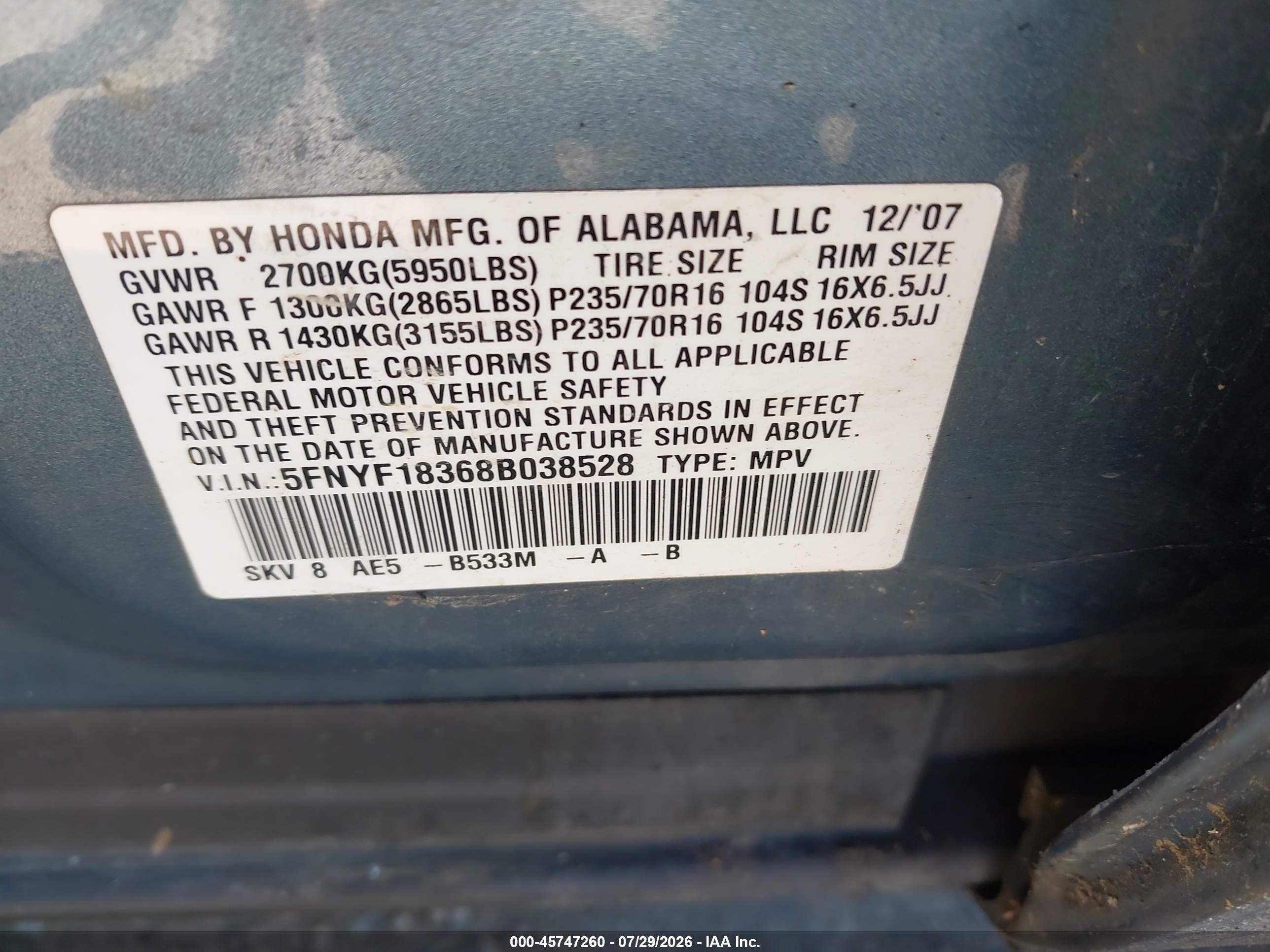 2008 Honda Pilot Se Blue vin: 5FNYF18368B038528