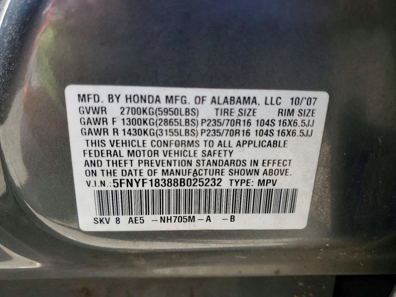 2008 Honda Pilot Se Charcoal vin: 5FNYF18388B025232