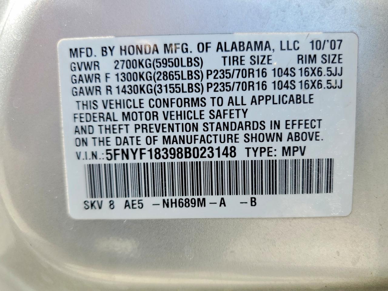 2008 Honda Pilot Se Silver vin: 5FNYF18398B023148