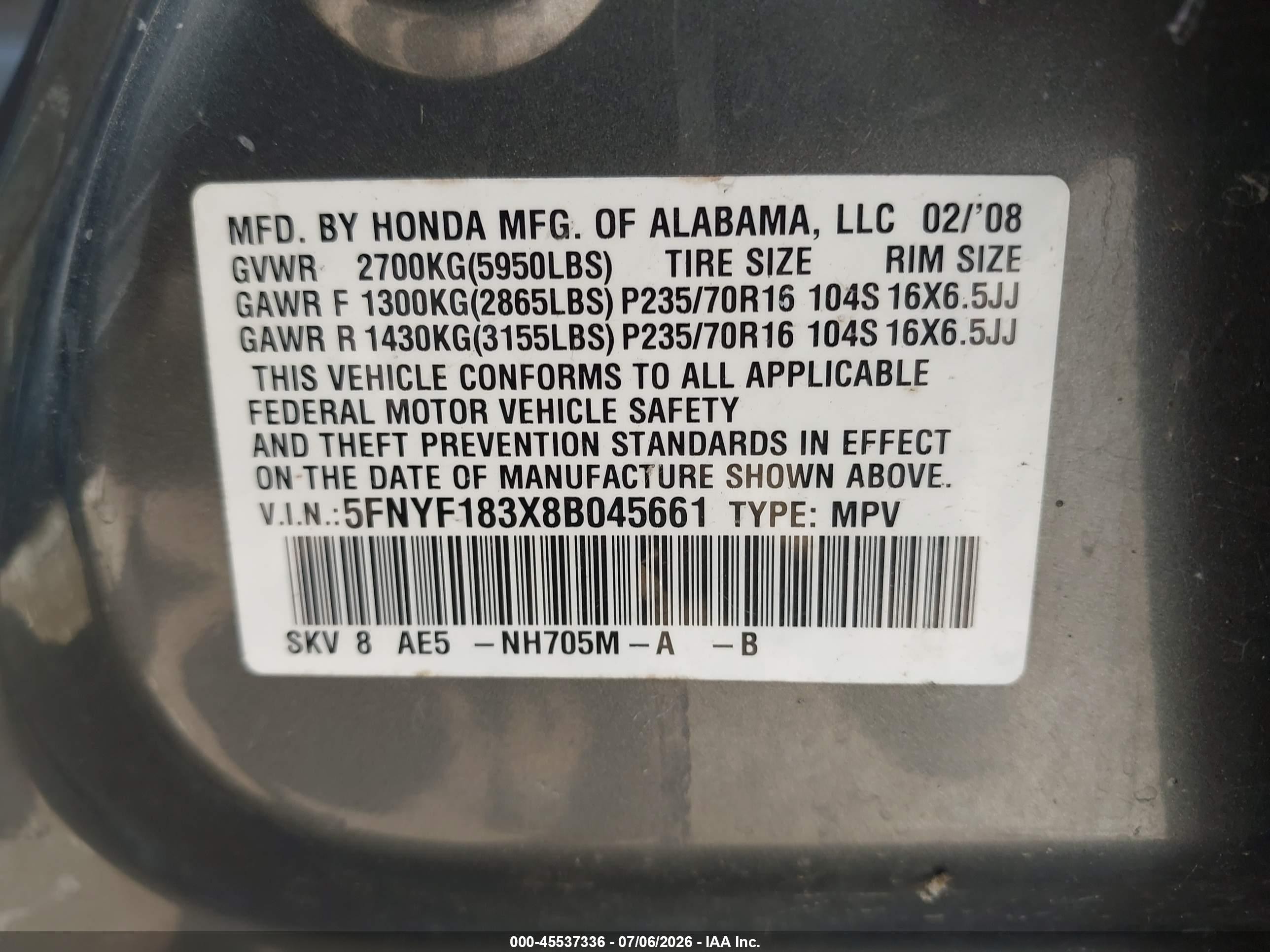 2008 Honda Pilot Se Gray vin: 5FNYF183X8B045661