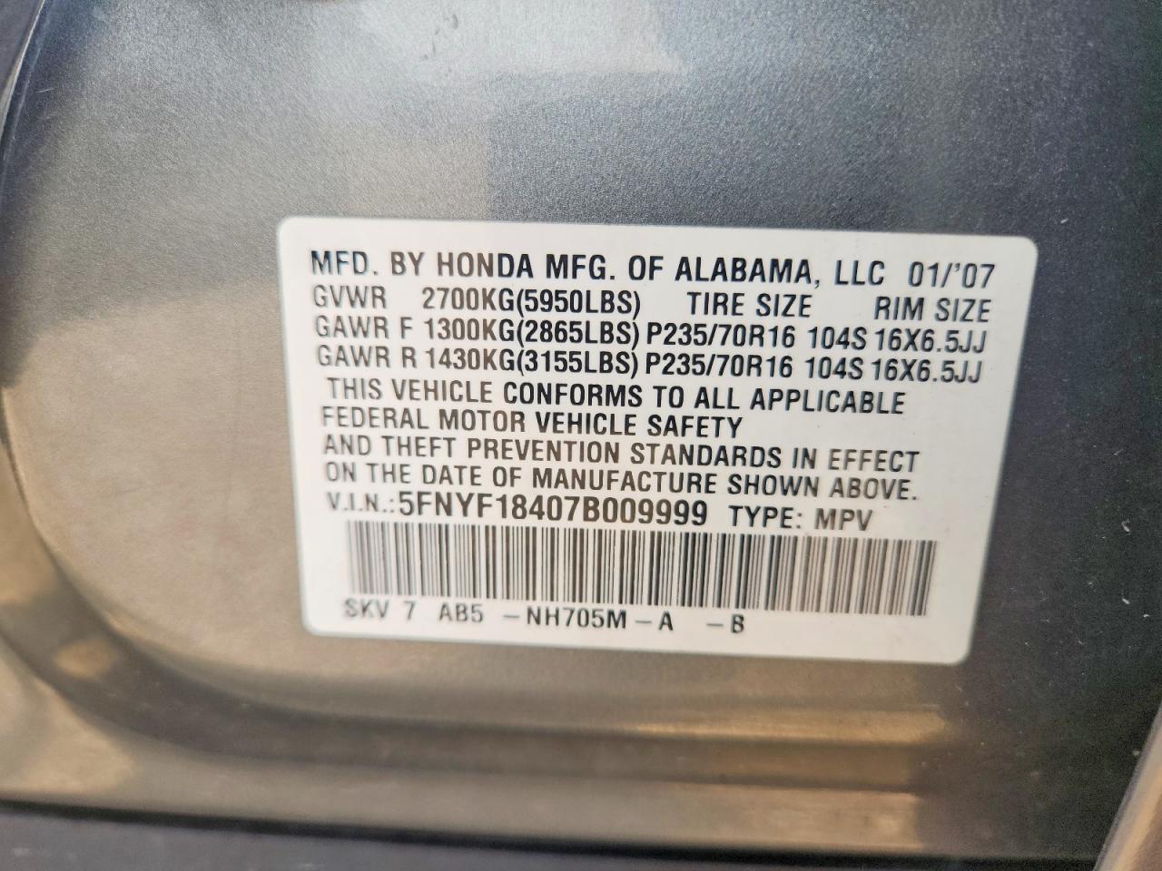 2007 Honda Pilot Ex Серый vin: 5FNYF18407B009999