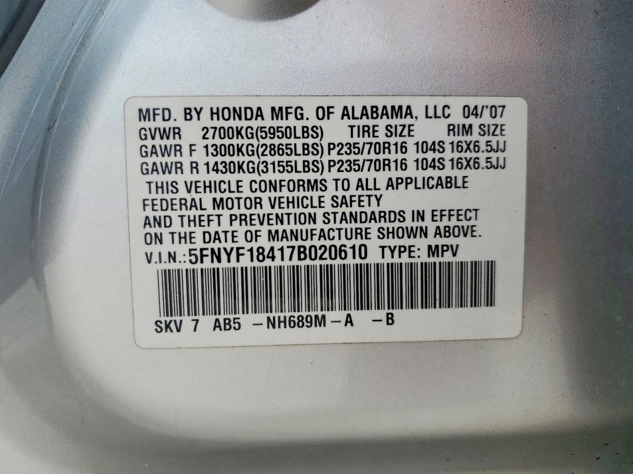 2007 Honda Pilot Ex Silver vin: 5FNYF18417B020610