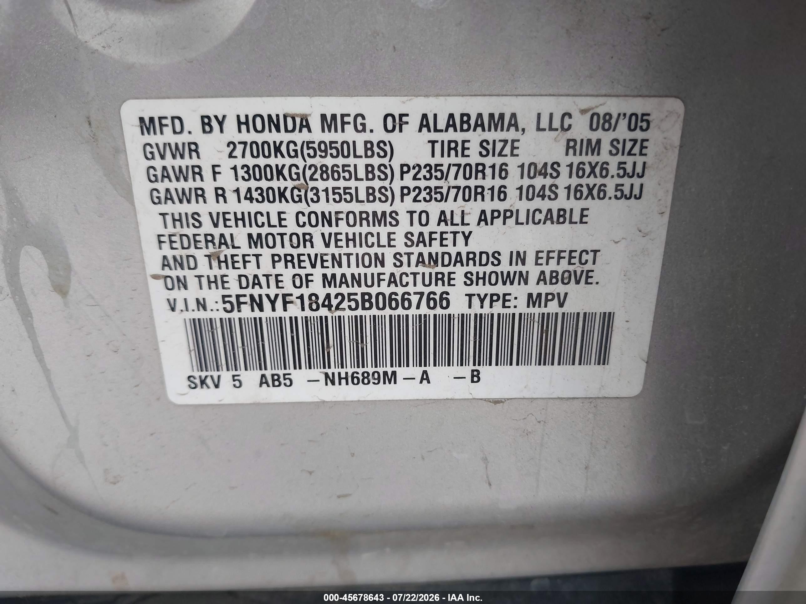 2005 Honda Pilot Ex Silver vin: 5FNYF18425B066766