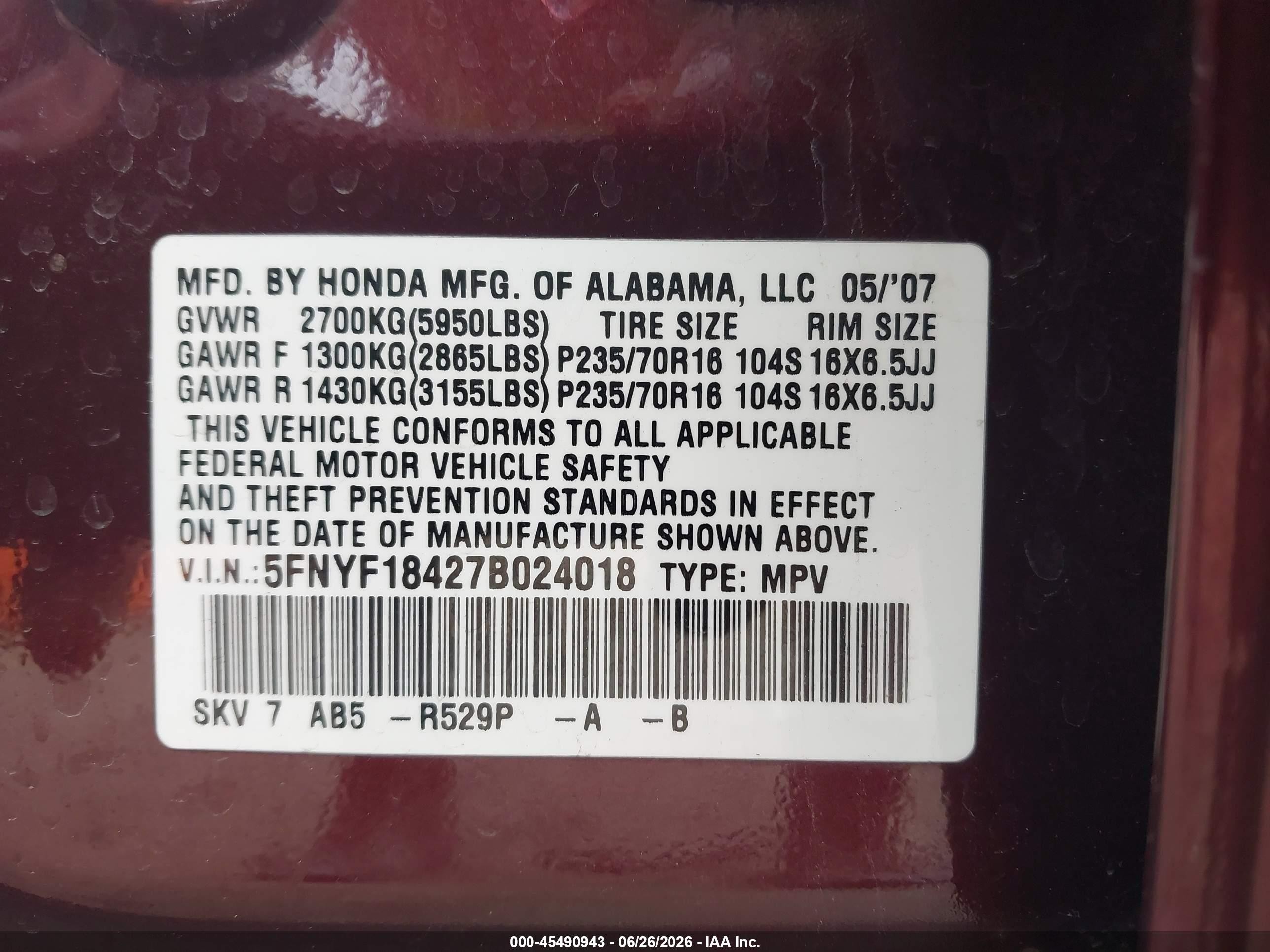 2007 Honda Pilot Ex Burgundy vin: 5FNYF18427B024018