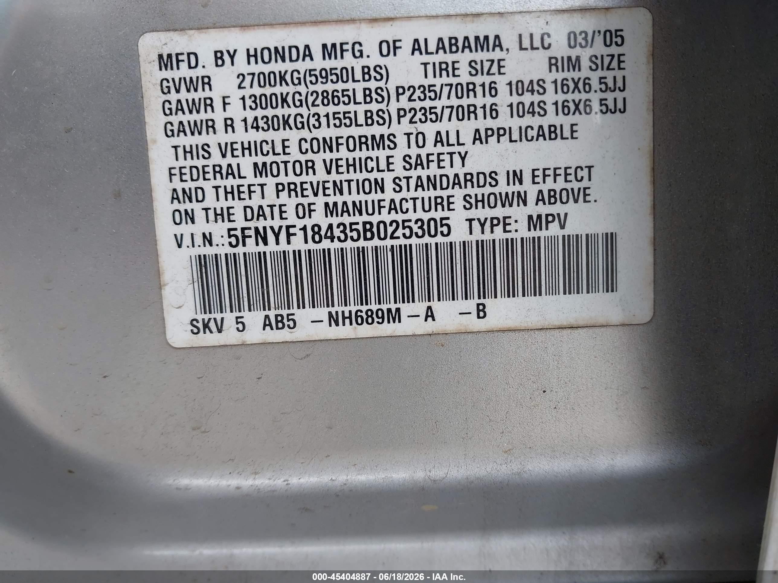 2005 Honda Pilot Ex Silver vin: 5FNYF18435B025305