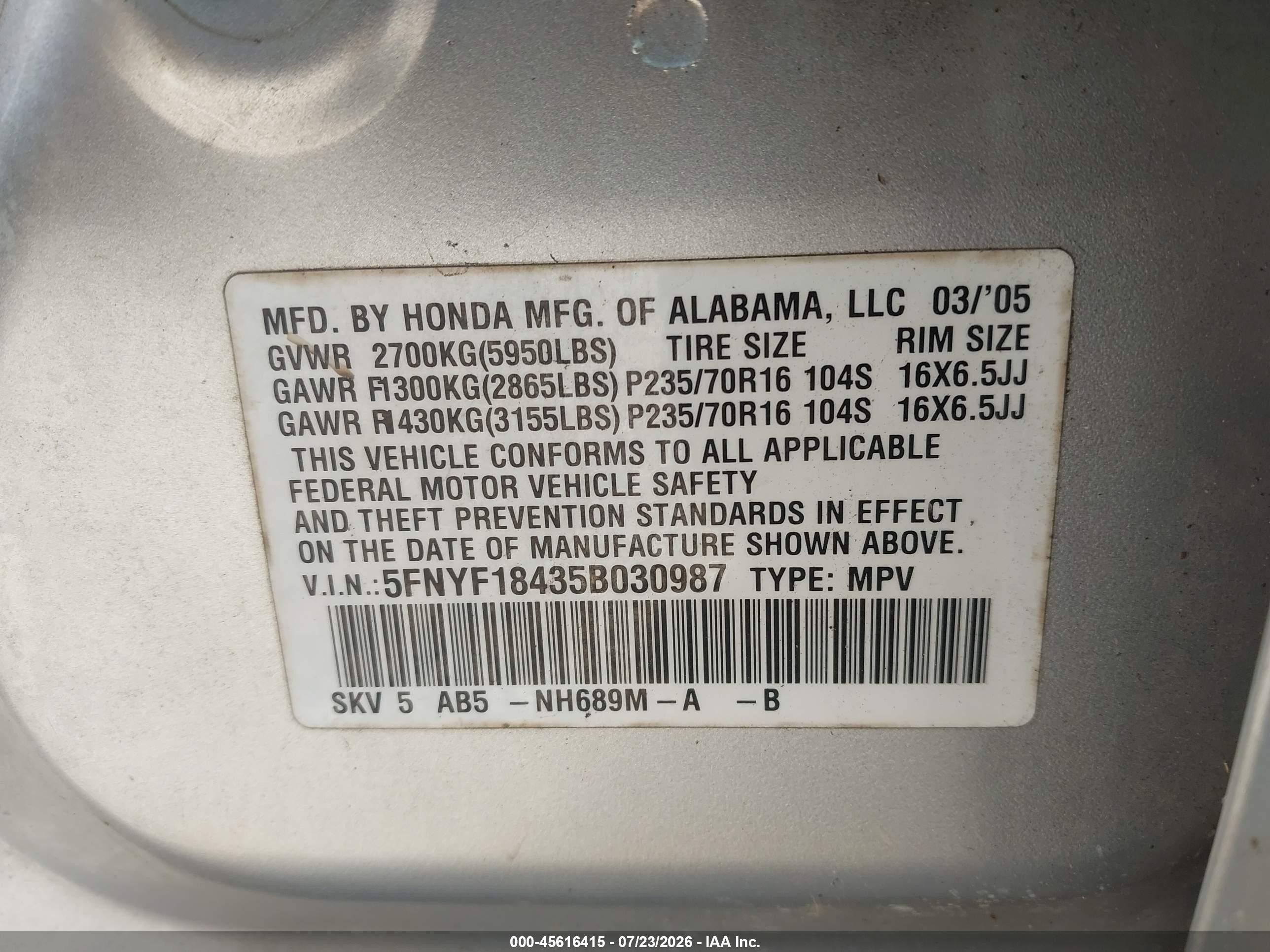 2005 Honda Pilot Ex Silver vin: 5FNYF18435B030987