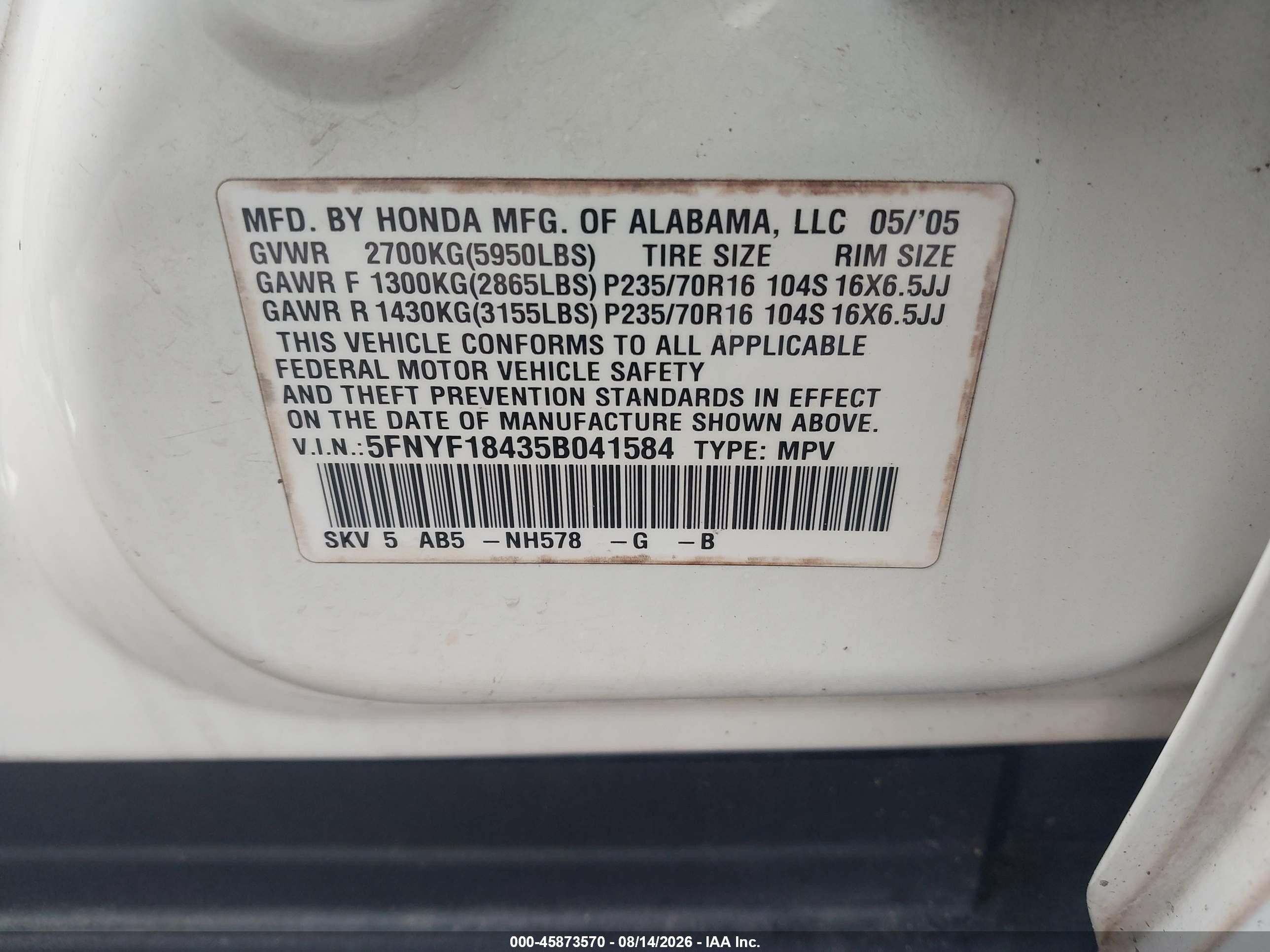 2005 Honda Pilot Ex White vin: 5FNYF18435B041584