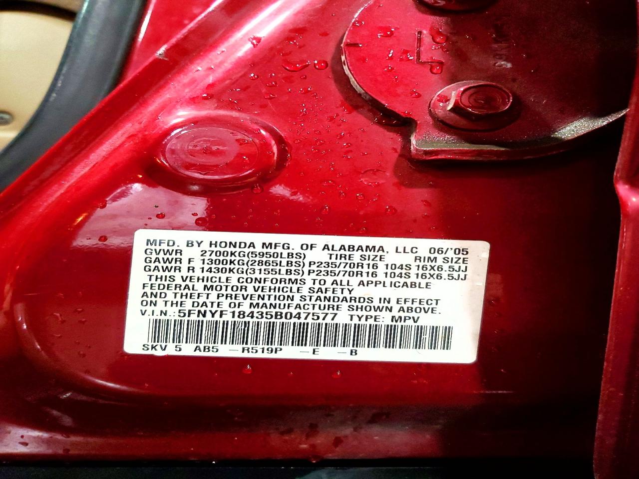 2005 Honda Pilot Ex Maroon vin: 5FNYF18435B047577