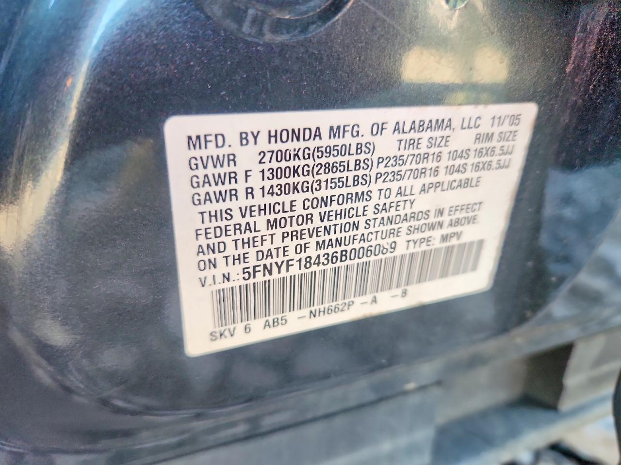 2006 Honda Pilot Ex Charcoal vin: 5FNYF18436B006089