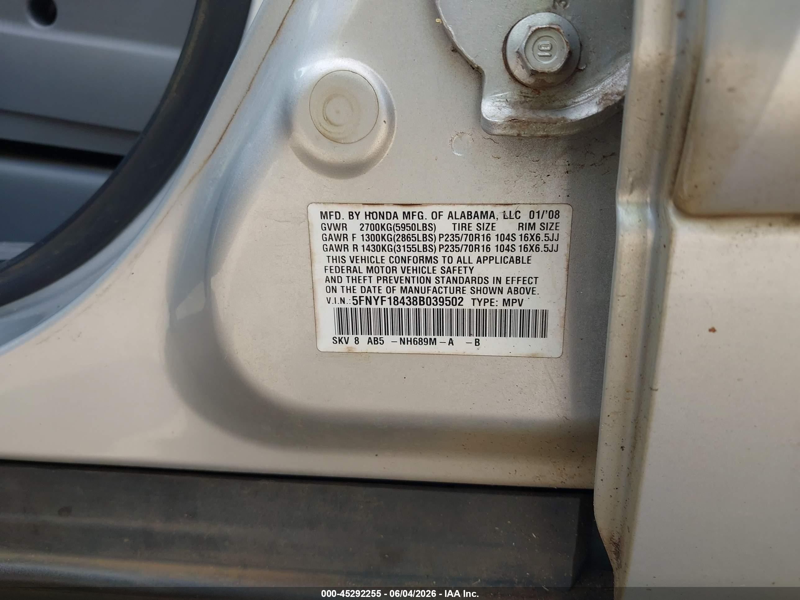 2008 Honda Pilot Ex Gray vin: 5FNYF18438B039502