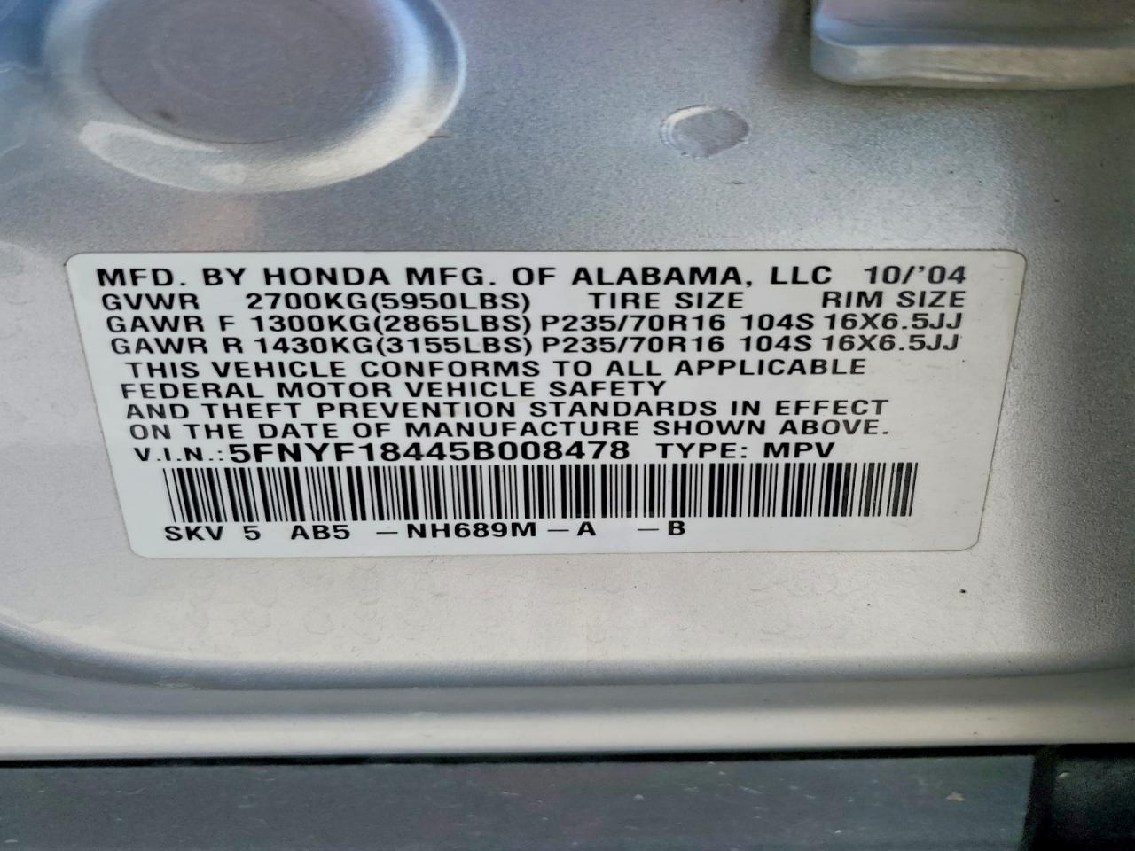2005 Honda Pilot Ex Silver vin: 5FNYF18445B008478