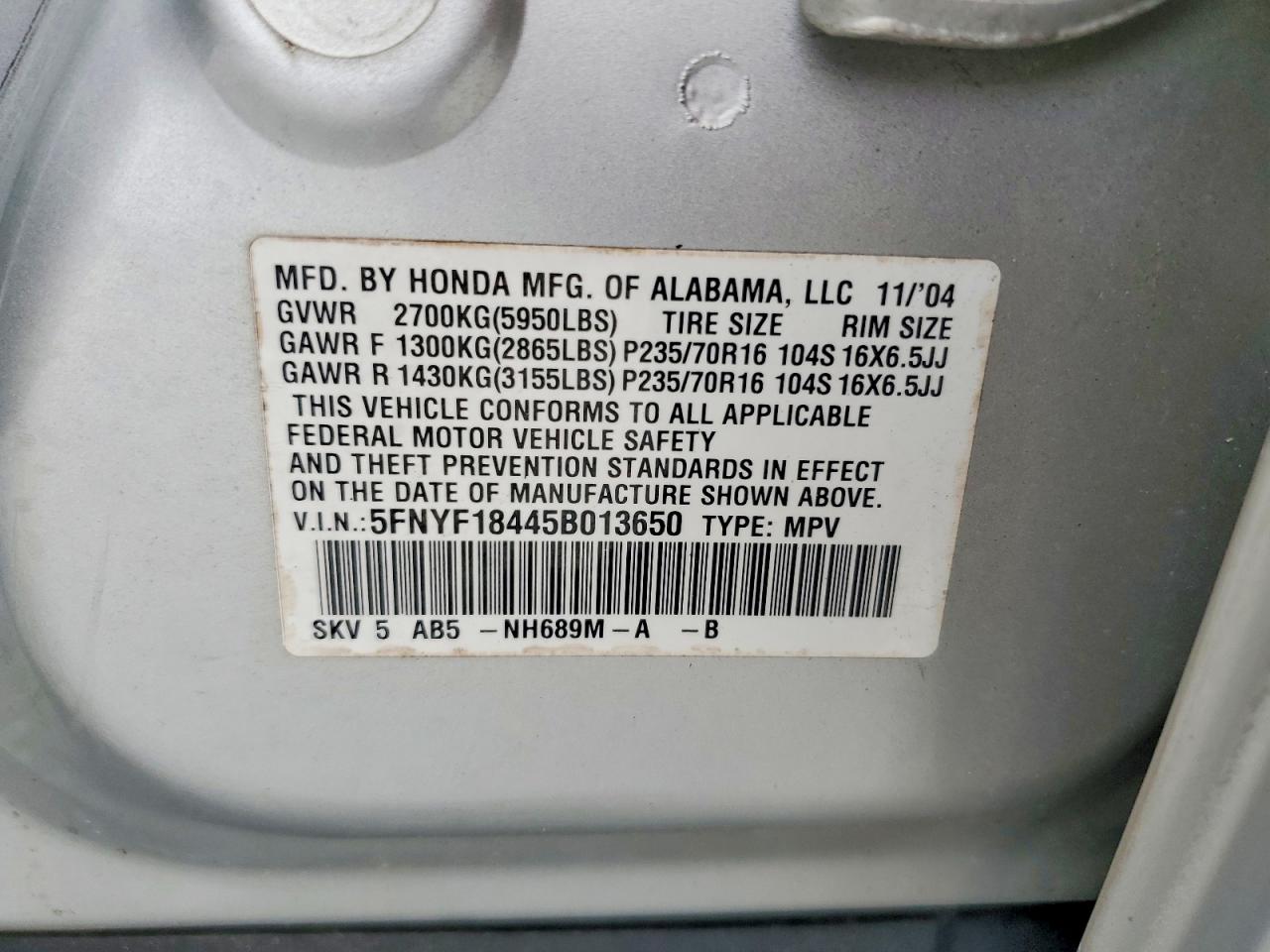 2005 Honda Pilot Ex Silver vin: 5FNYF18445B013650