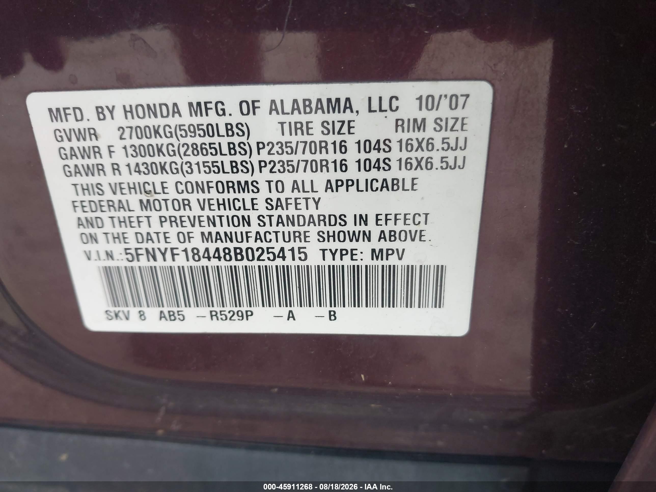 2008 Honda Pilot Ex Burgundy vin: 5FNYF18448B025415