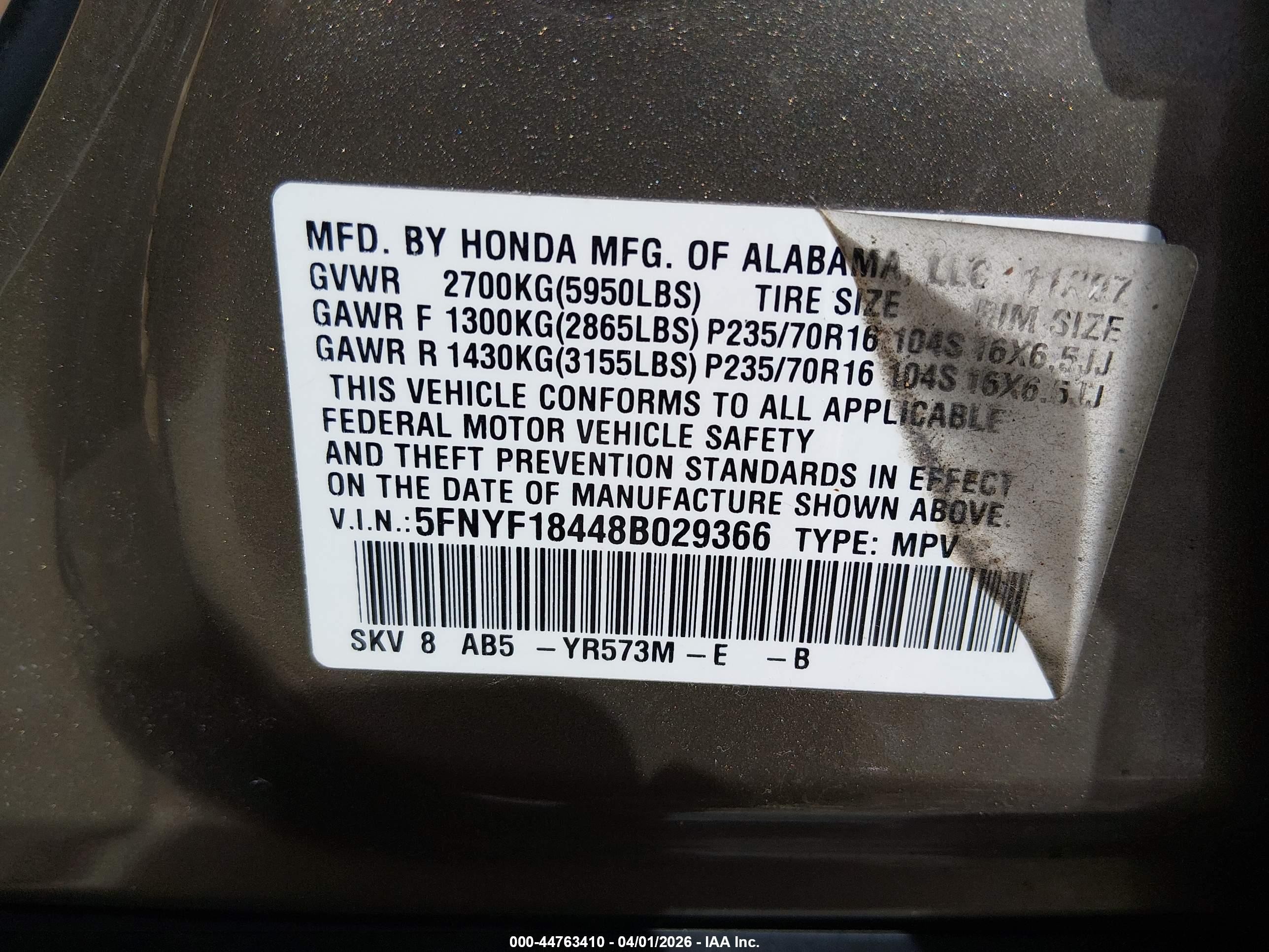 2008 Honda Pilot Ex Gold vin: 5FNYF18448B029366