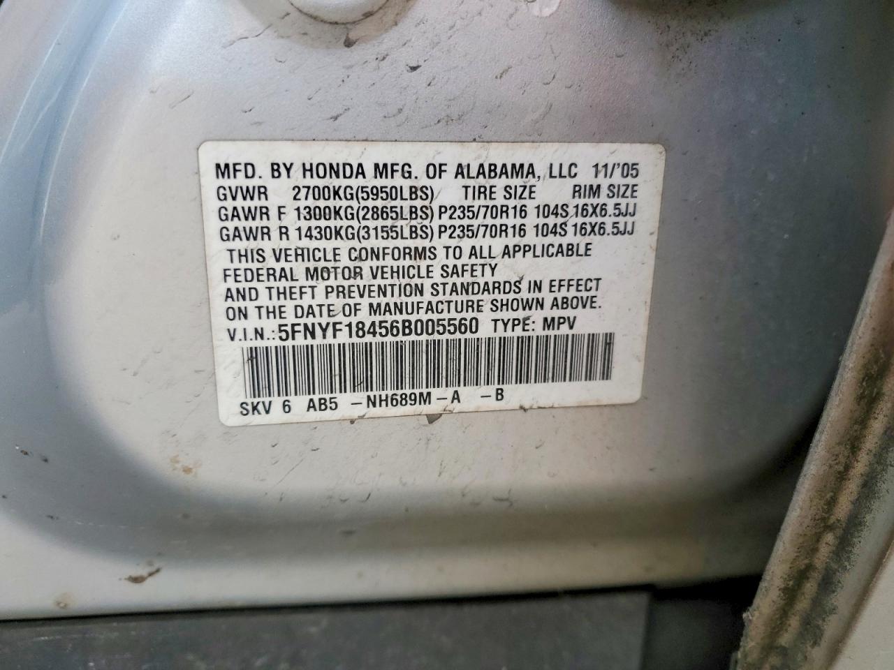 2006 Honda Pilot Ex Silver vin: 5FNYF18456B005560