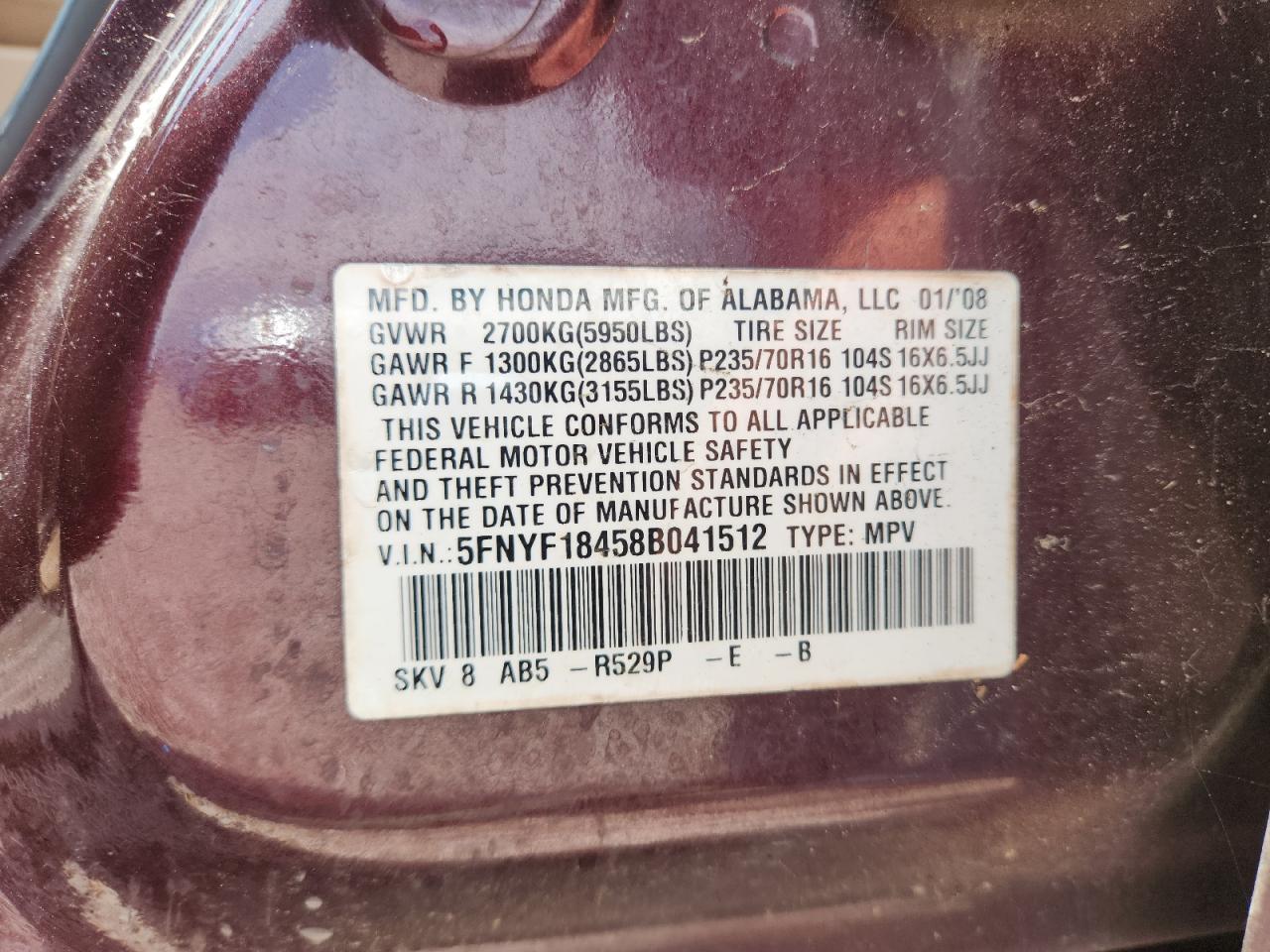 2008 Honda Pilot Ex Burgundy vin: 5FNYF18458B041512