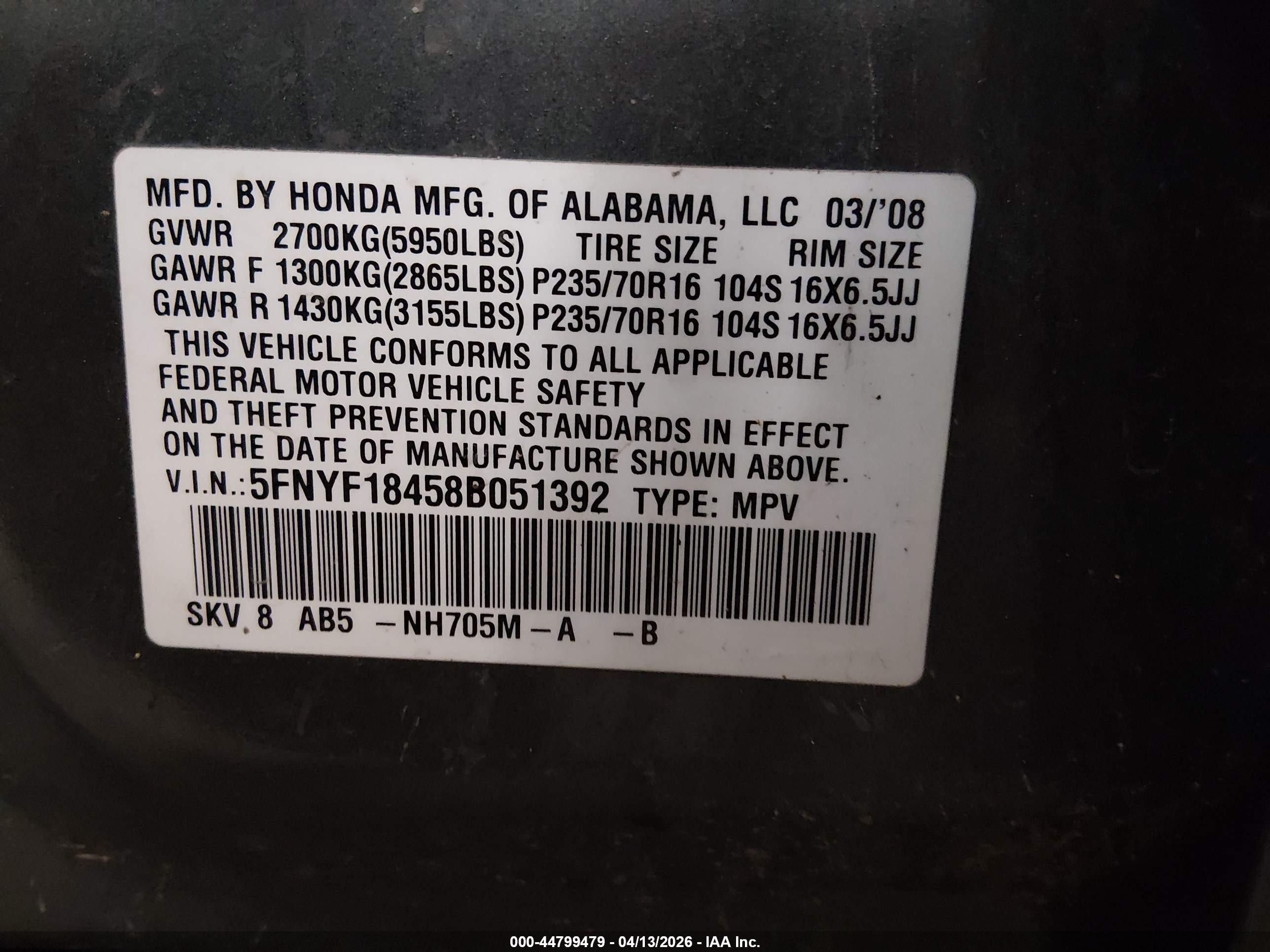 2008 Honda Pilot Ex Серый vin: 5FNYF18458B051392