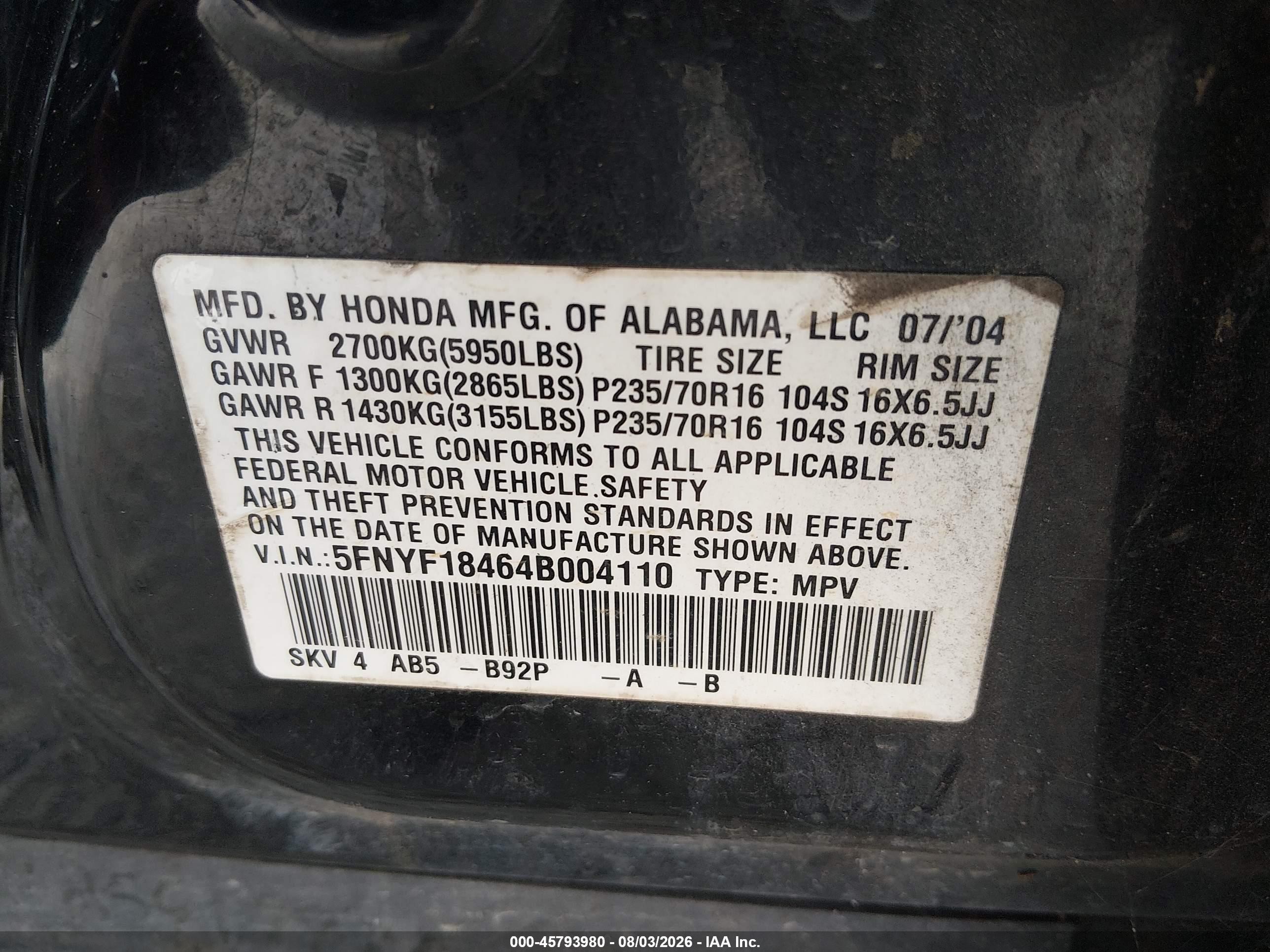 2004 Honda Pilot Ex Black vin: 5FNYF18464B004110