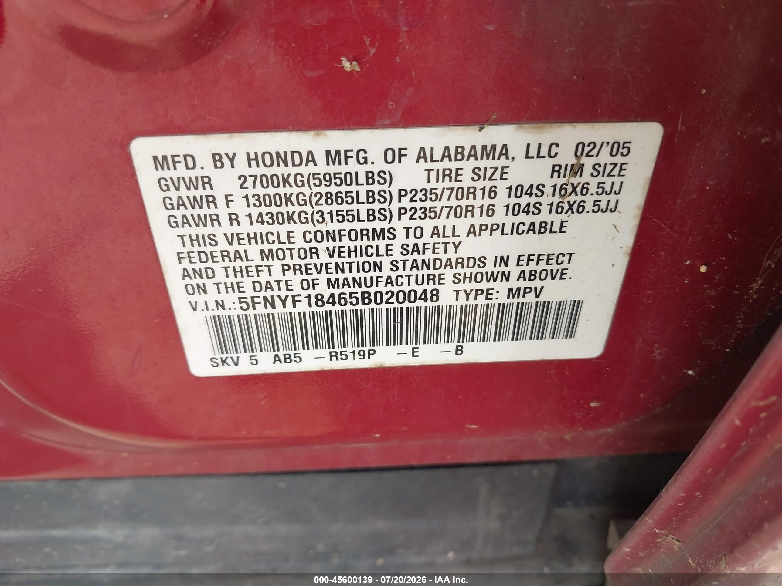2005 Honda Pilot Ex Burgundy vin: 5FNYF18465B020048