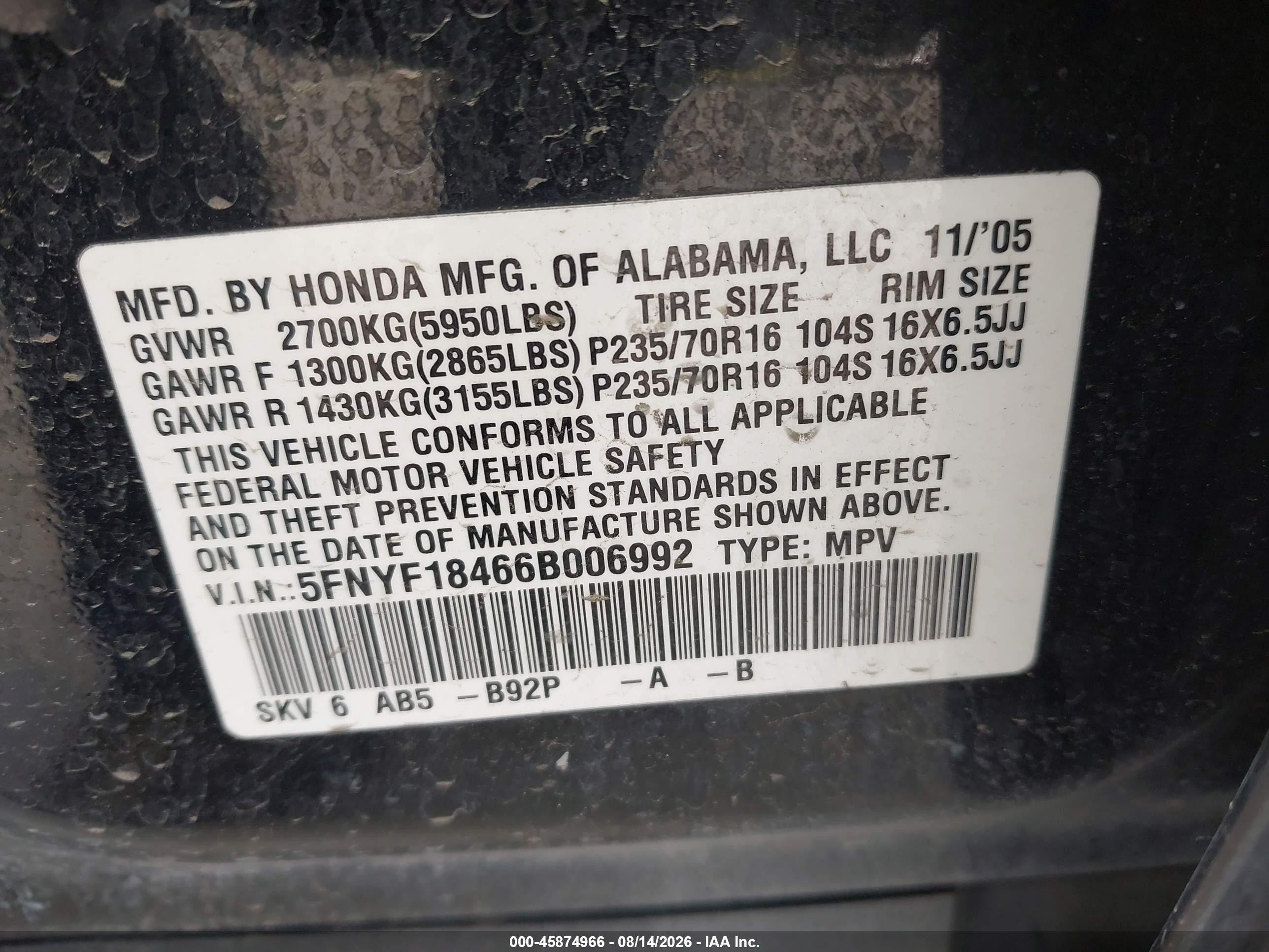 2006 Honda Pilot Ex Black vin: 5FNYF18466B006992