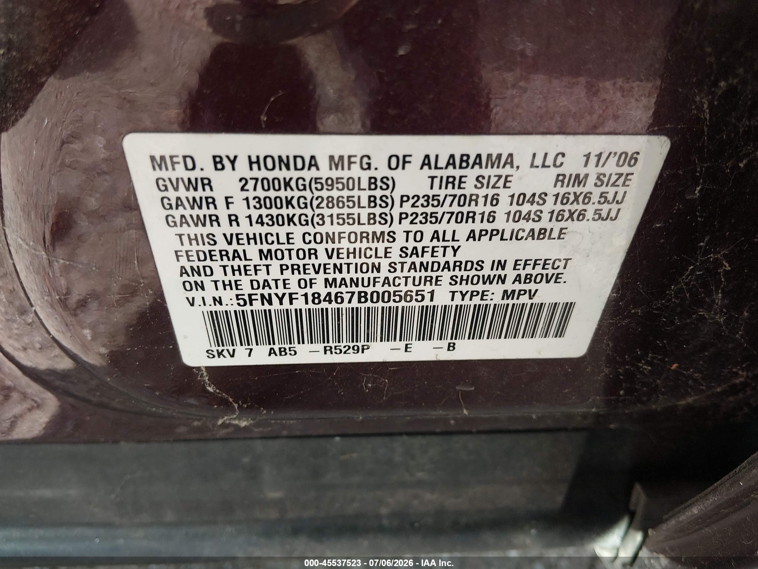 2007 Honda Pilot Ex Purple vin: 5FNYF18467B005651