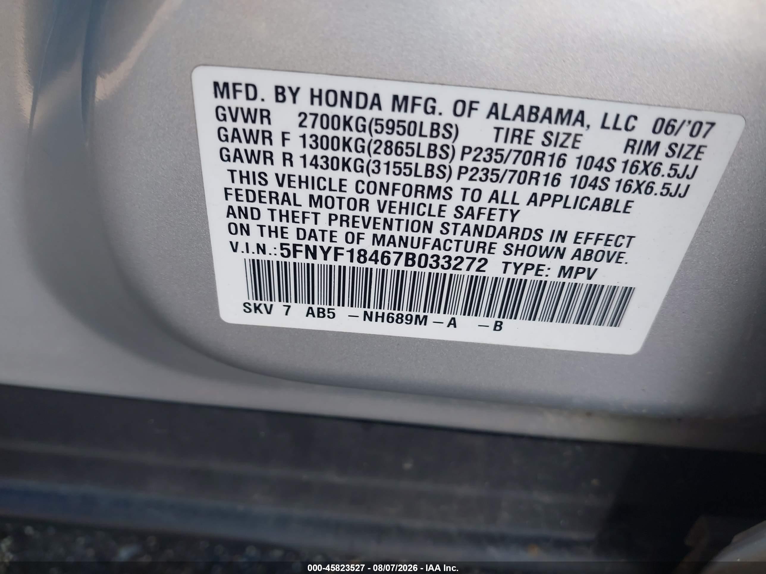2007 Honda Pilot Ex Silver vin: 5FNYF18467B033272