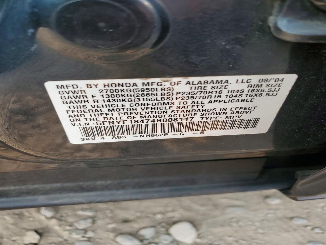 2004 Honda Pilot Ex Teal vin: 5FNYF18474B008117