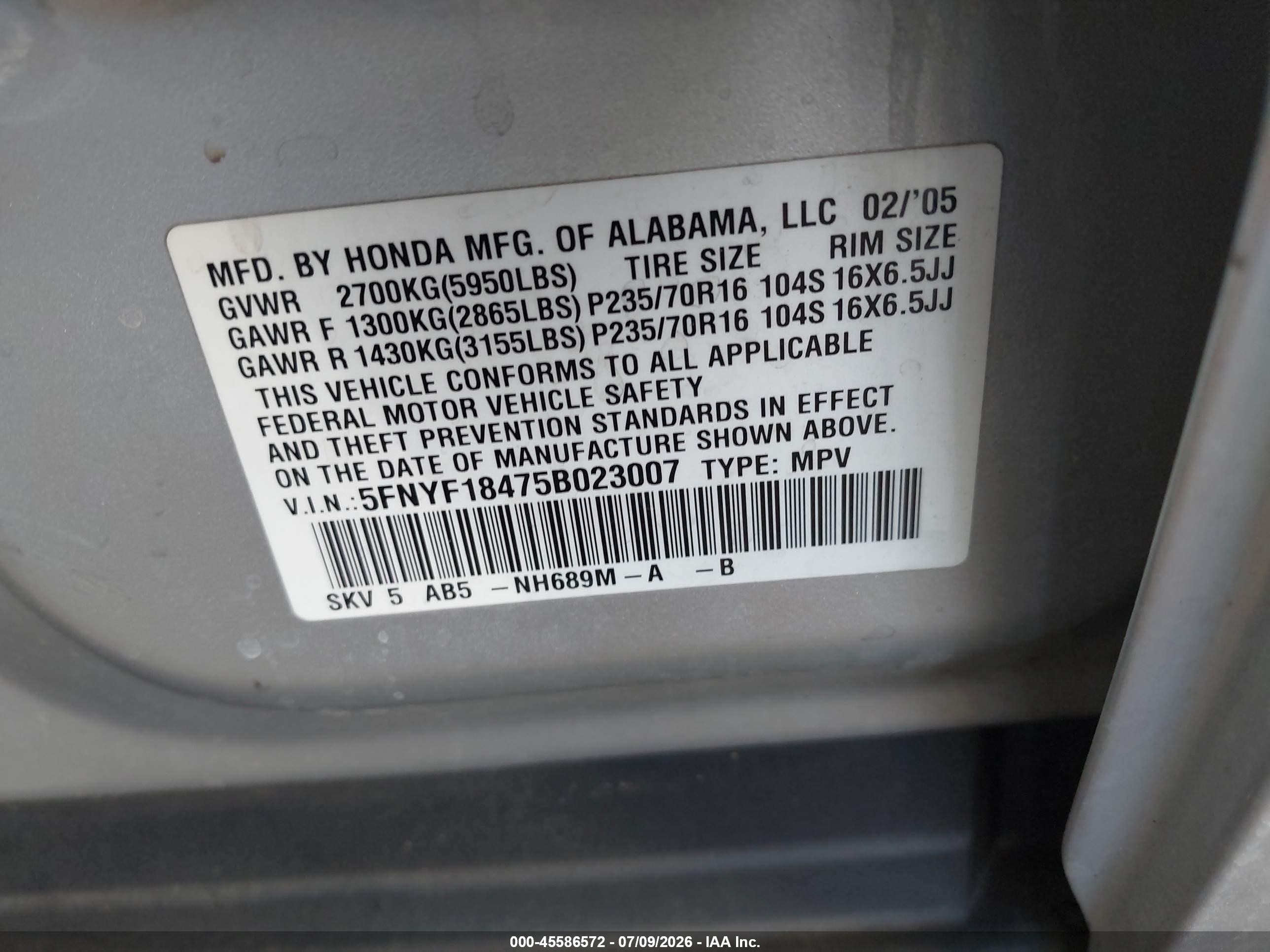 2005 Honda Pilot Ex Gray vin: 5FNYF18475B023007
