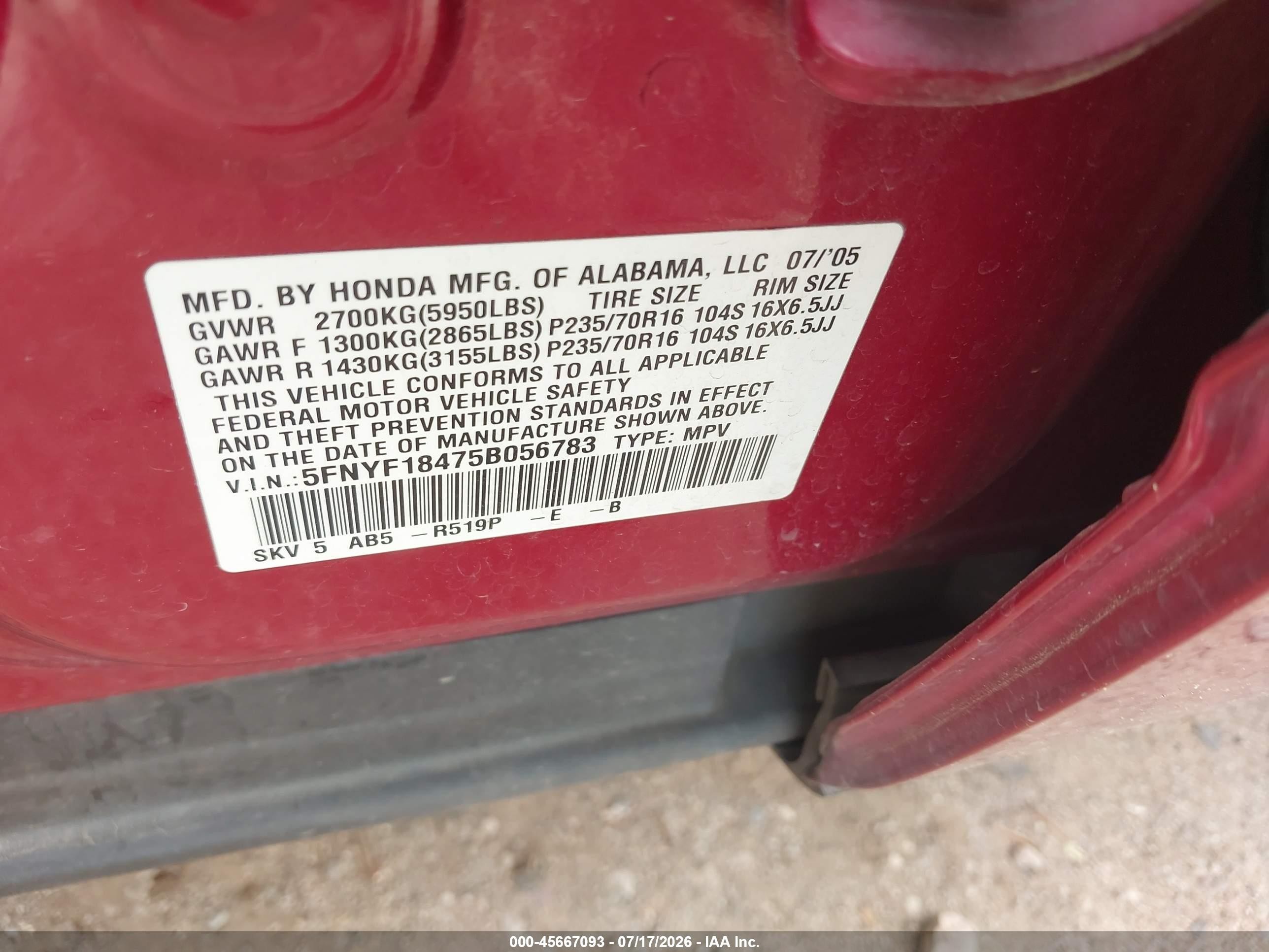 2005 Honda Pilot Ex Red vin: 5FNYF18475B056783