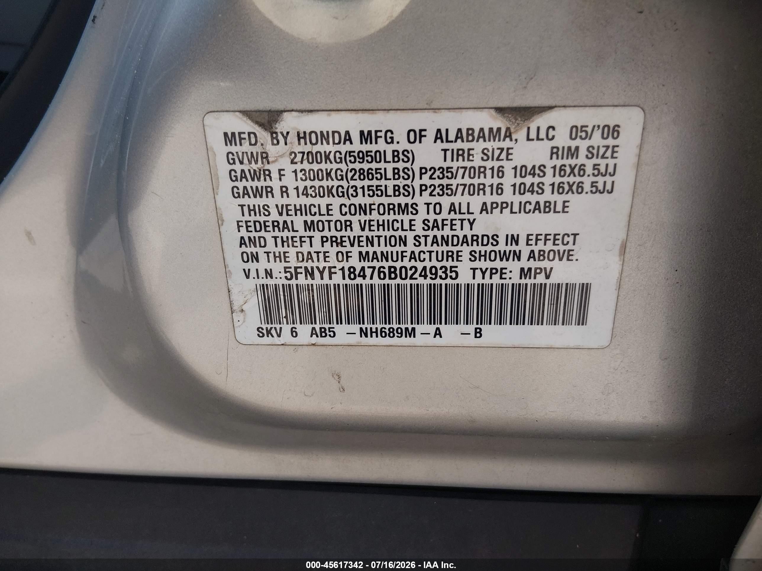 2006 Honda Pilot Ex Silver vin: 5FNYF18476B024935