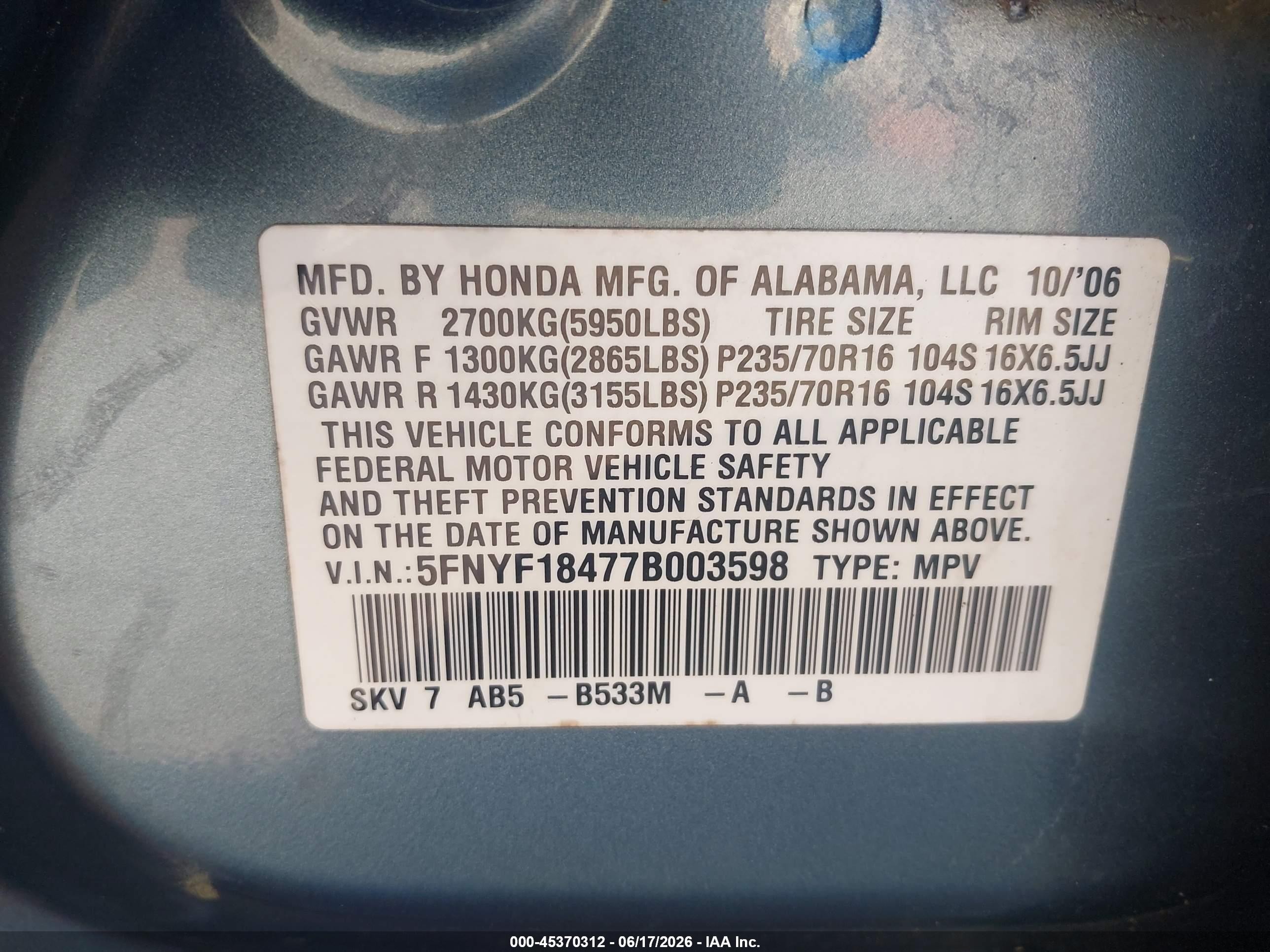 2007 Honda Pilot Ex Blue vin: 5FNYF18477B003598