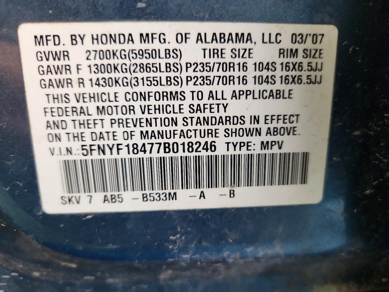 2007 Honda Pilot Ex Blue vin: 5FNYF18477B018246