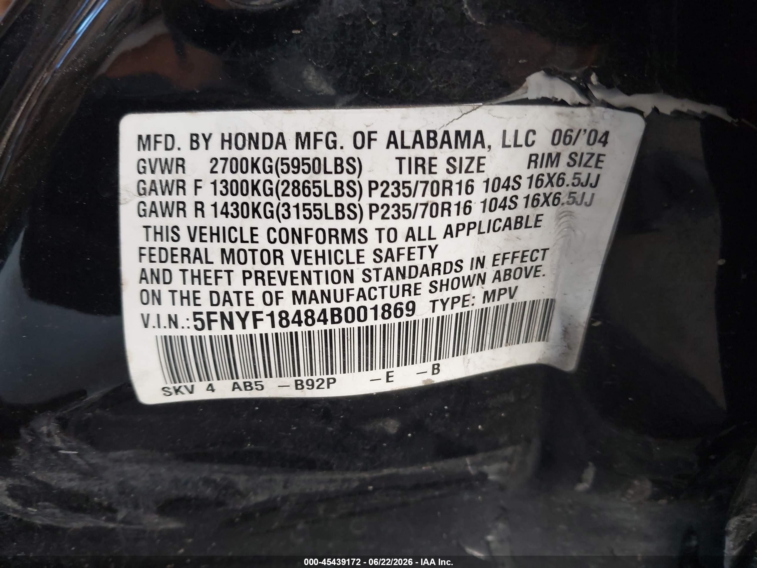 2004 Honda Pilot Ex Black vin: 5FNYF18484B001869