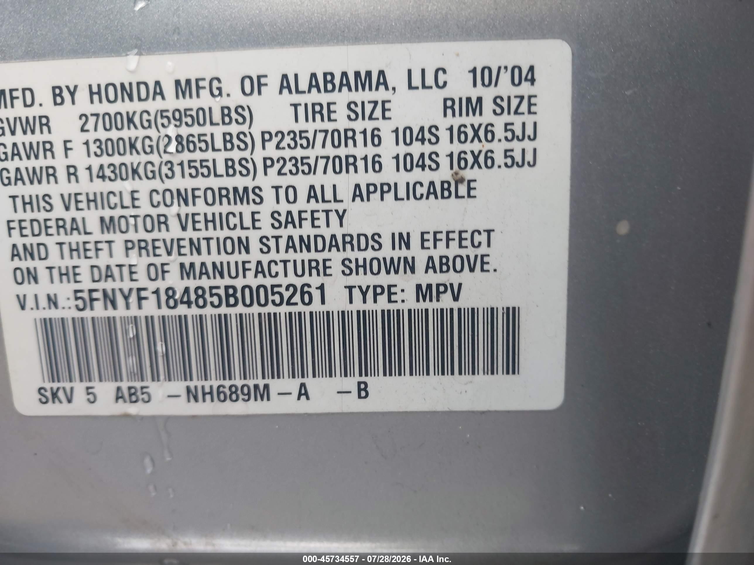 2005 Honda Pilot Ex Silver vin: 5FNYF18485B005261