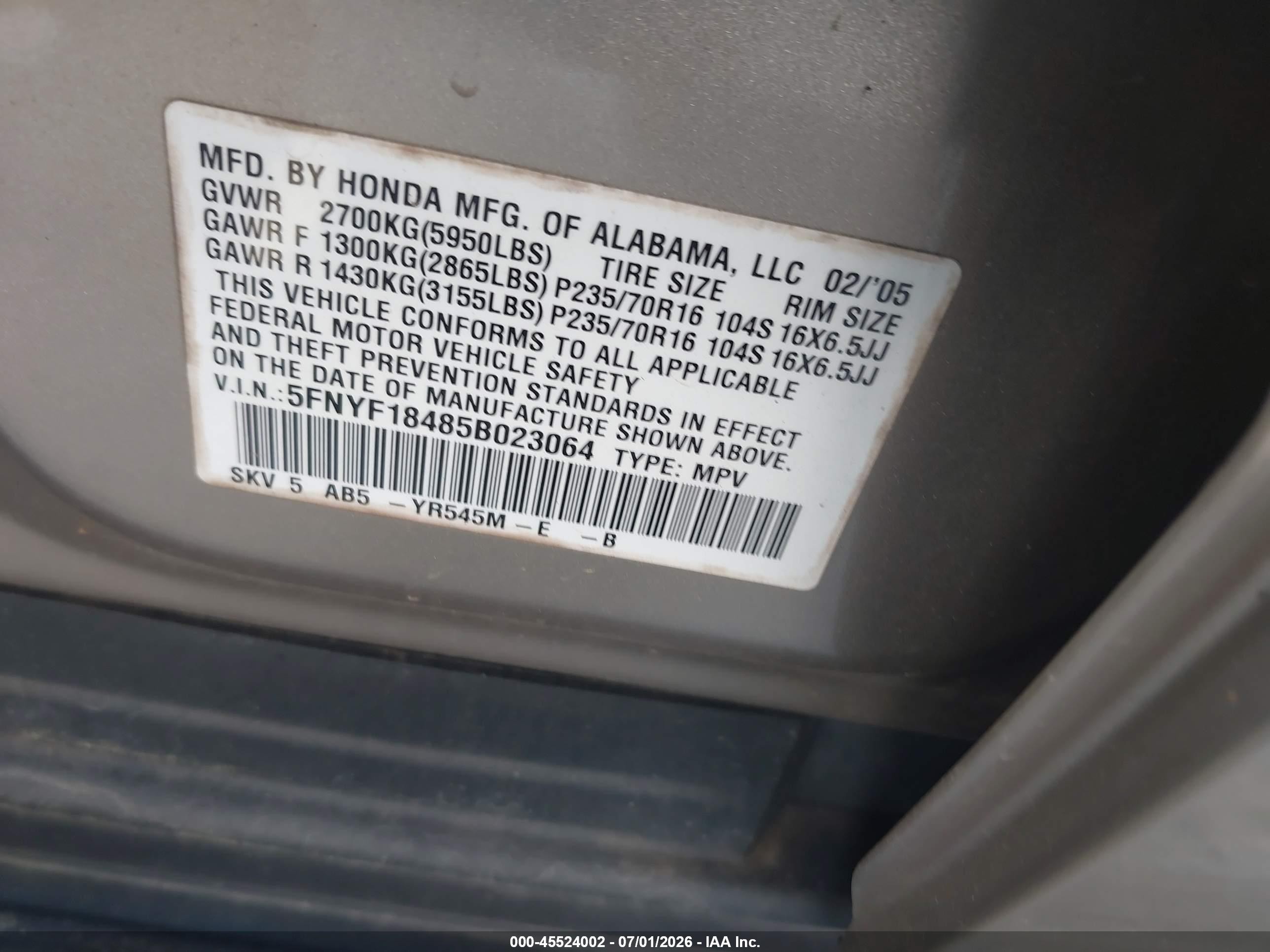 2005 Honda Pilot Ex Tan vin: 5FNYF18485B023064