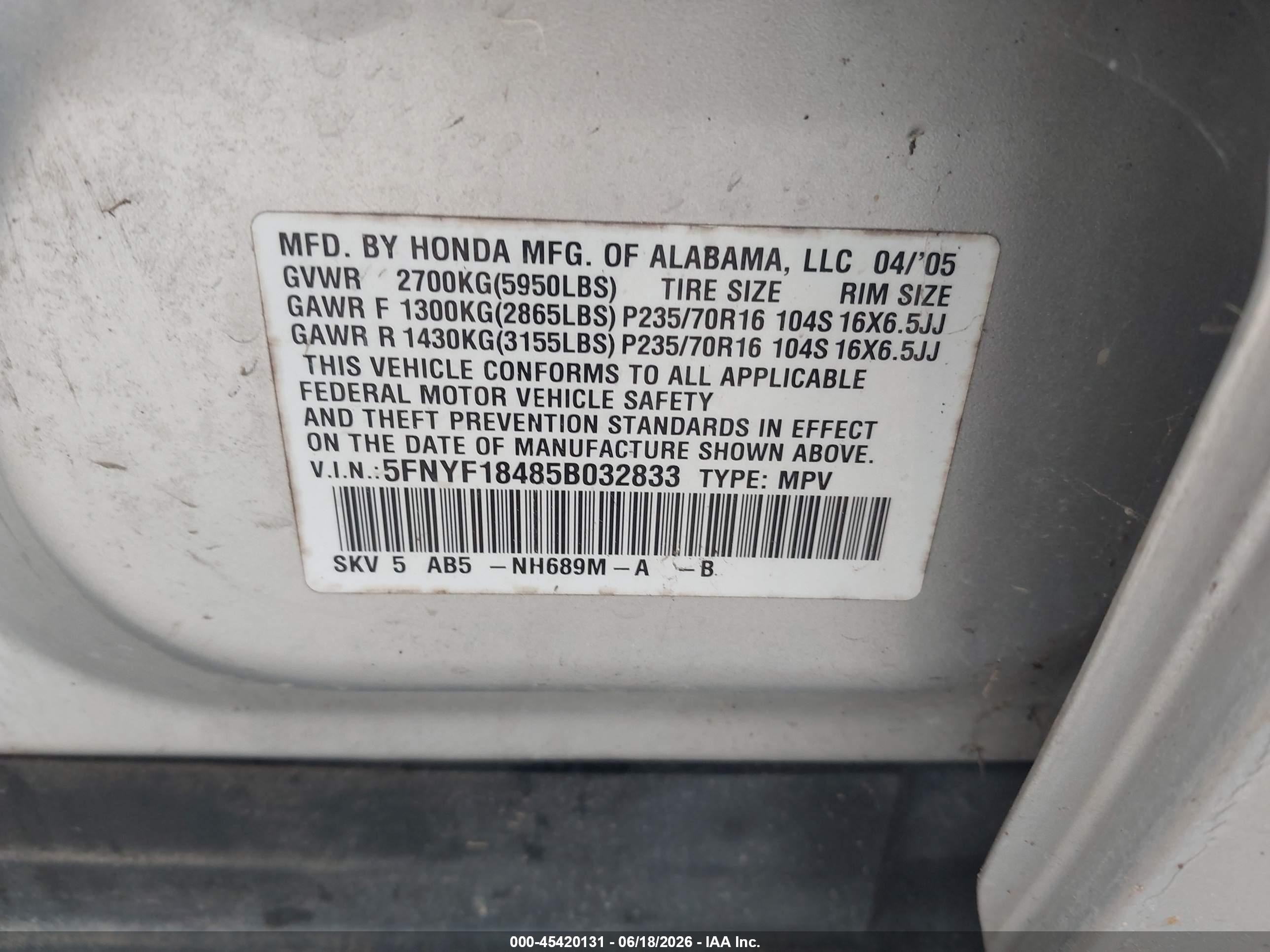 2005 Honda Pilot Ex Silver vin: 5FNYF18485B032833