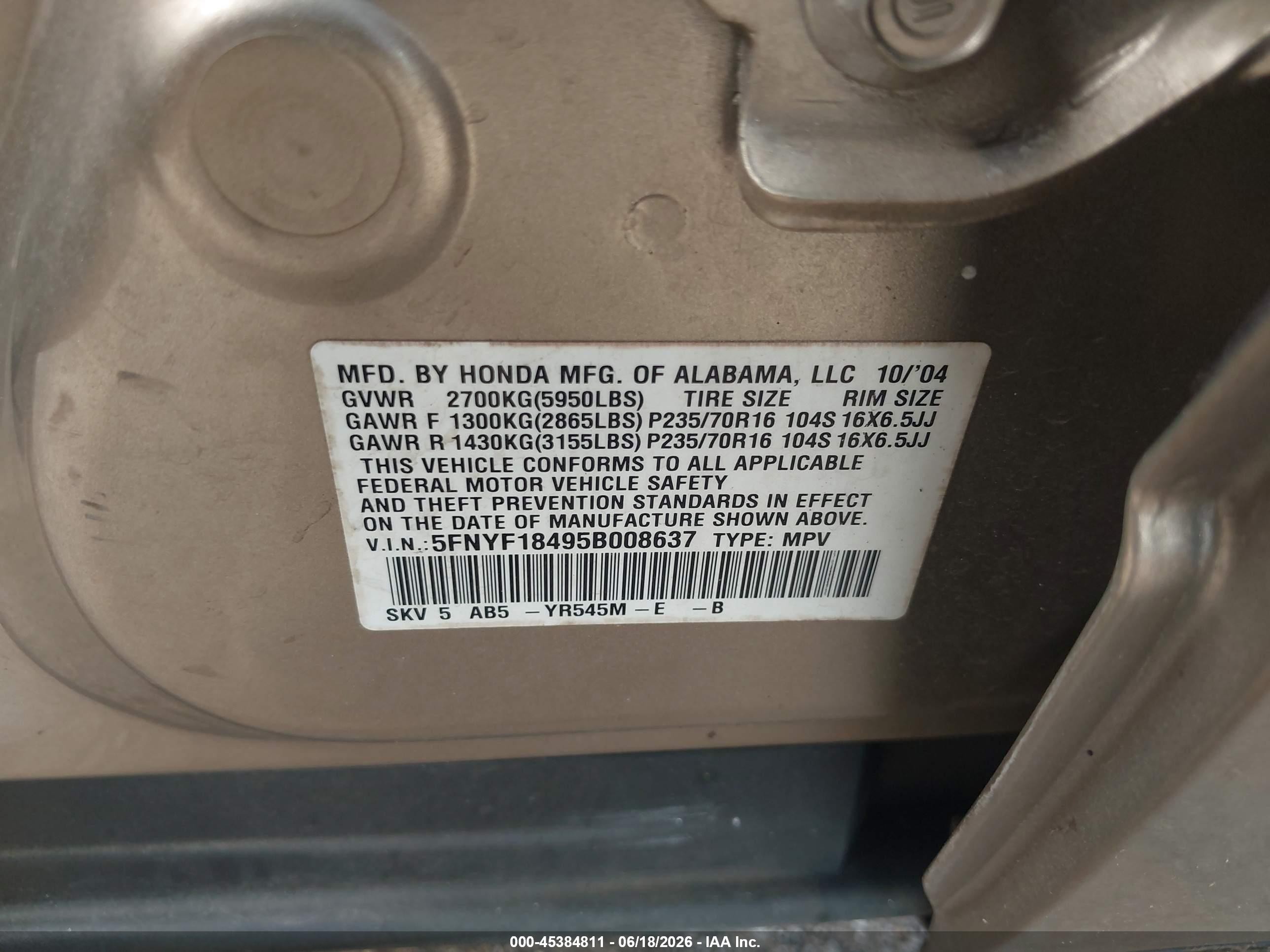 2005 Honda Pilot Ex Gold vin: 5FNYF18495B008637